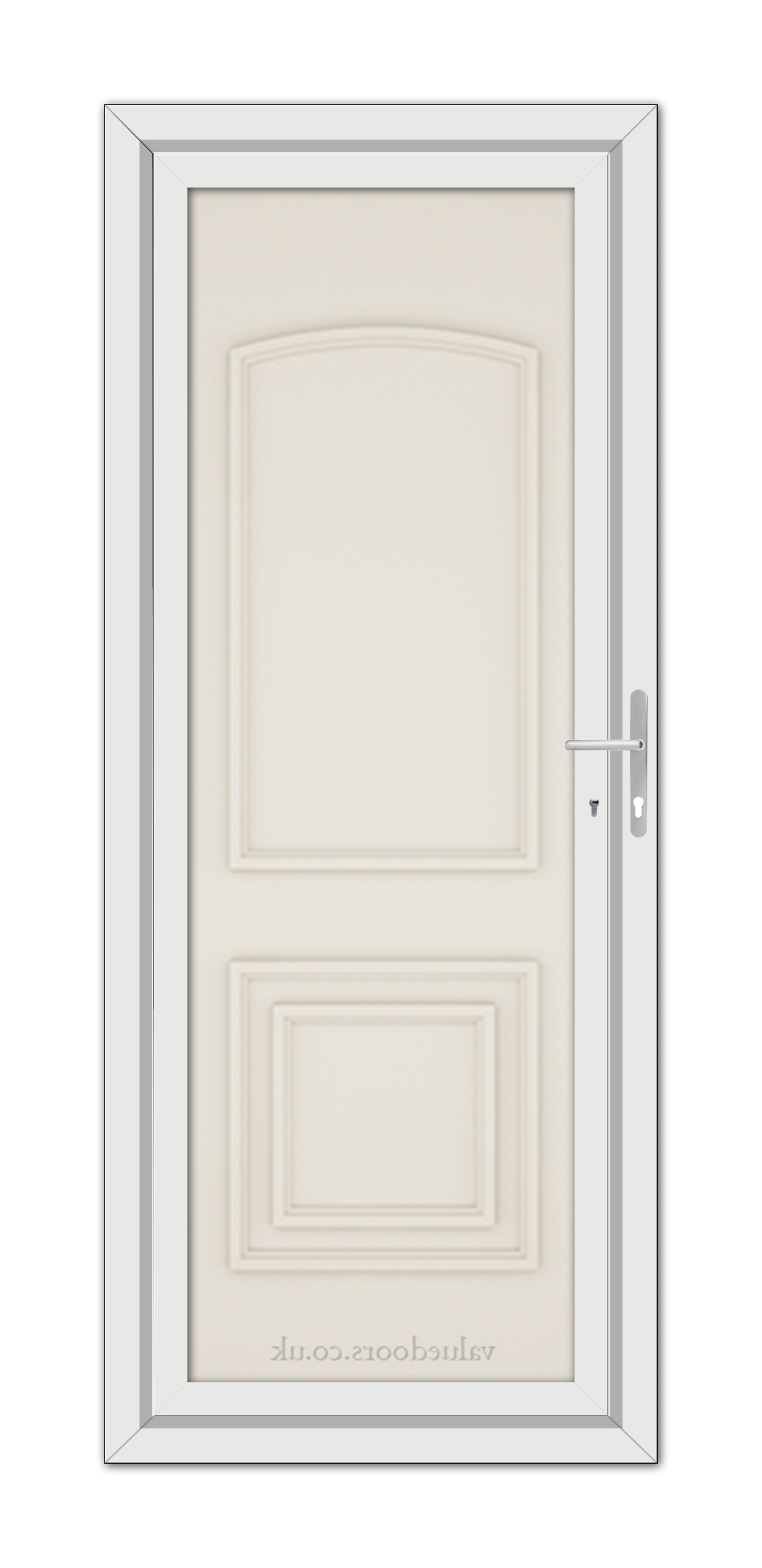 A vertical image of a closed Cream Balmoral Classic Solid uPVC Door with two panels, framed by a white door frame, and featuring a silver handle on the right side.
