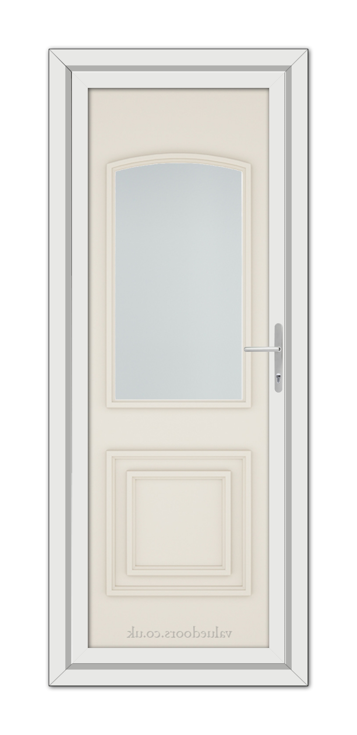 A vertical image of a closed Cream Balmoral Classic uPVC Door featuring a rectangular frosted glass pane and a silver handle, set within a white frame.