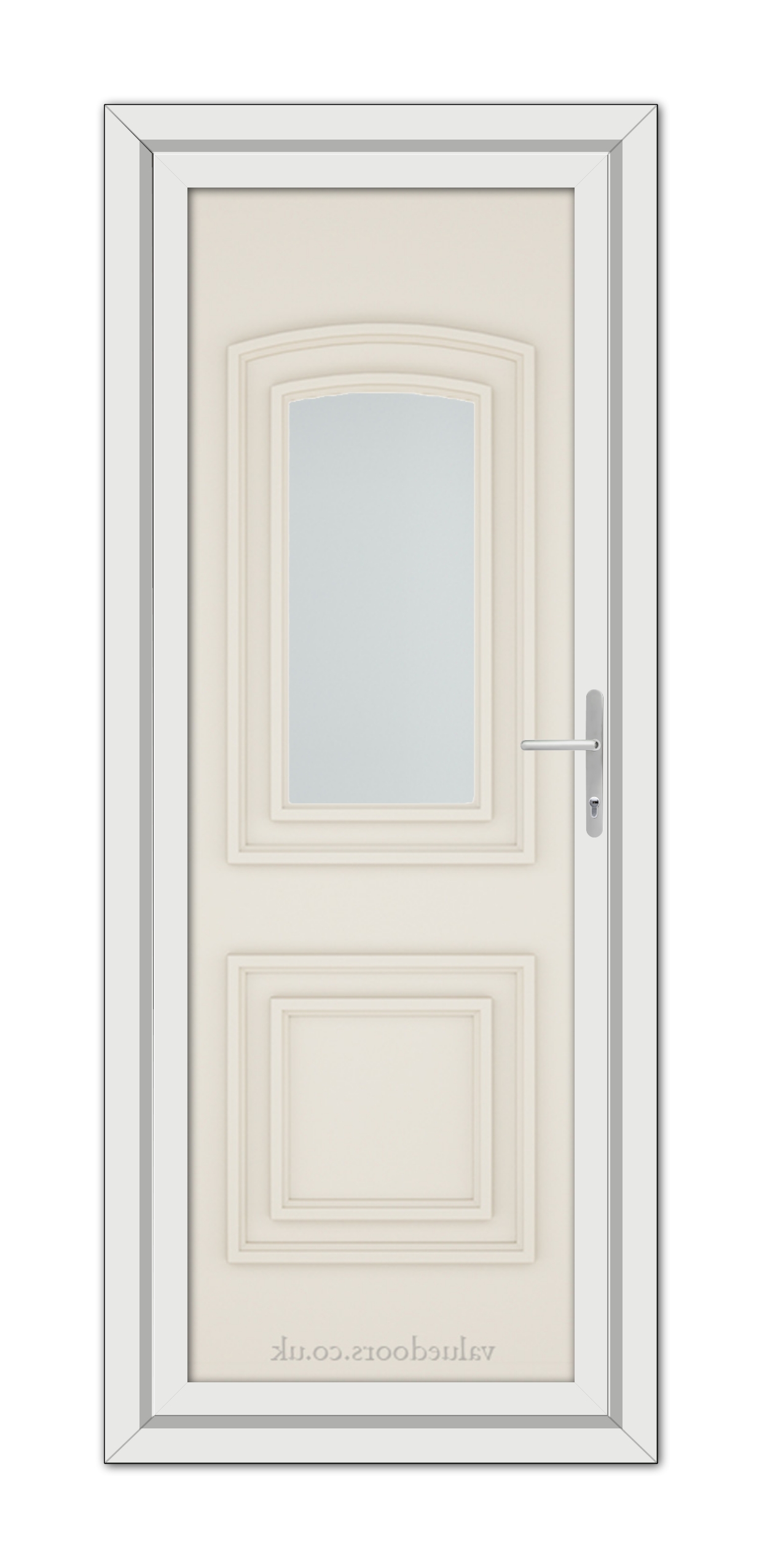 A vertical image of a closed, Cream Balmoral One uPVC Door with a rectangular frosted glass window, set in a white frame, viewed from the front.