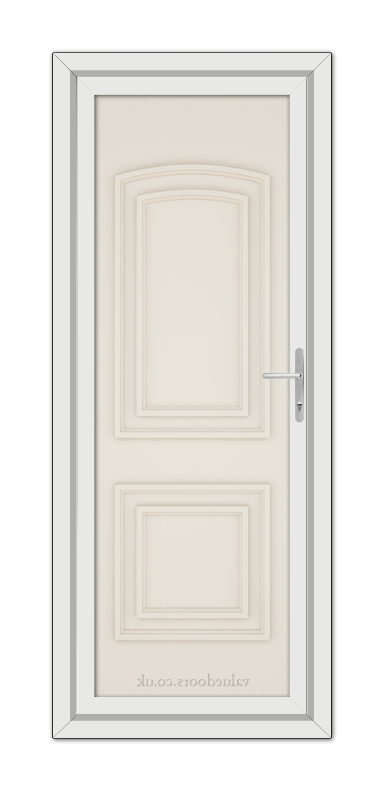 A vertical image of a closed, Cream Balmoral Solid uPVC Door with a silver handle and a rectangular frame, isolated on a white background.