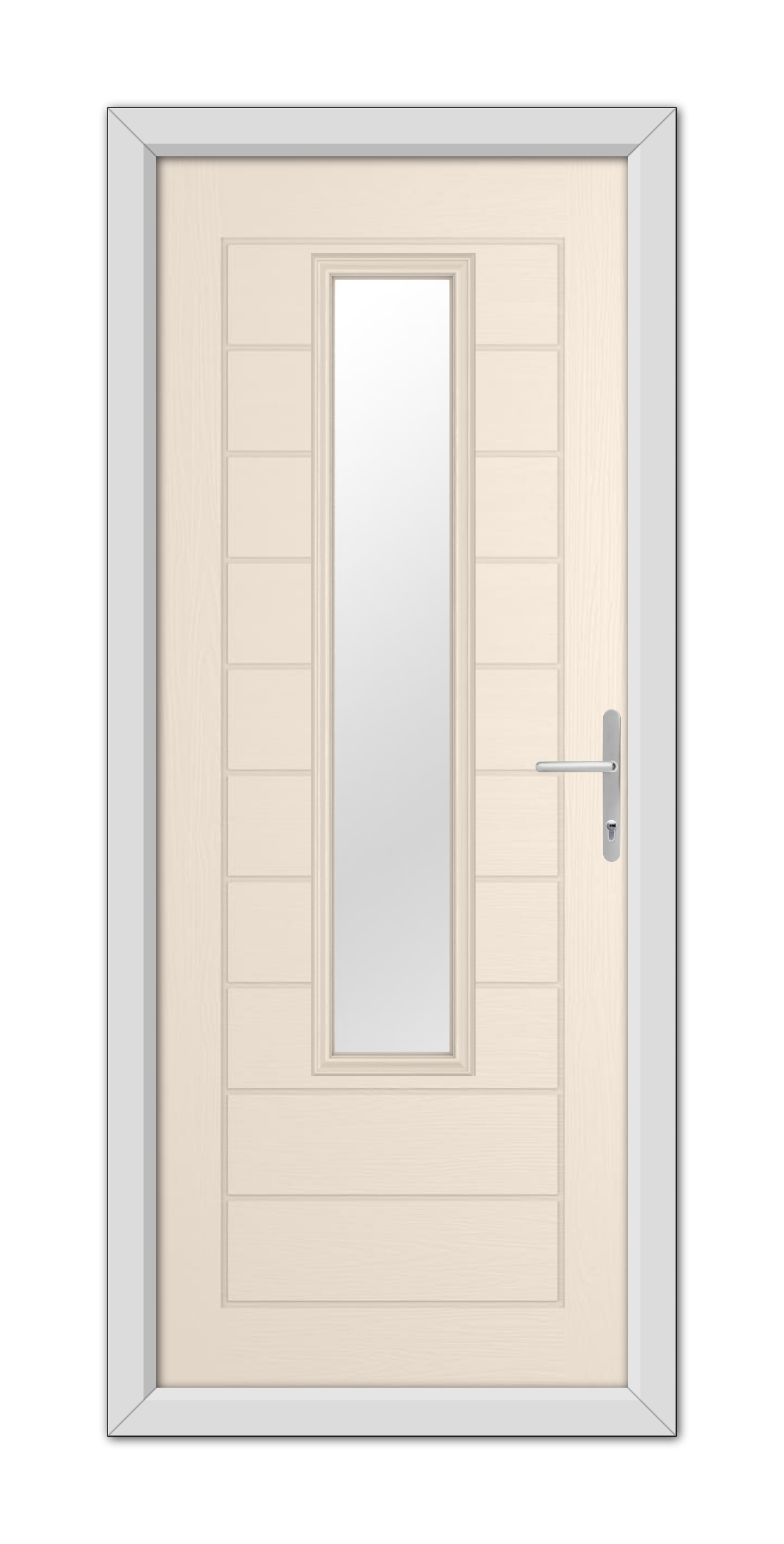 A Cream Bedford Composite Door 48mm Timber Core with a vertical window and stainless steel handle, framed within a gray door frame.