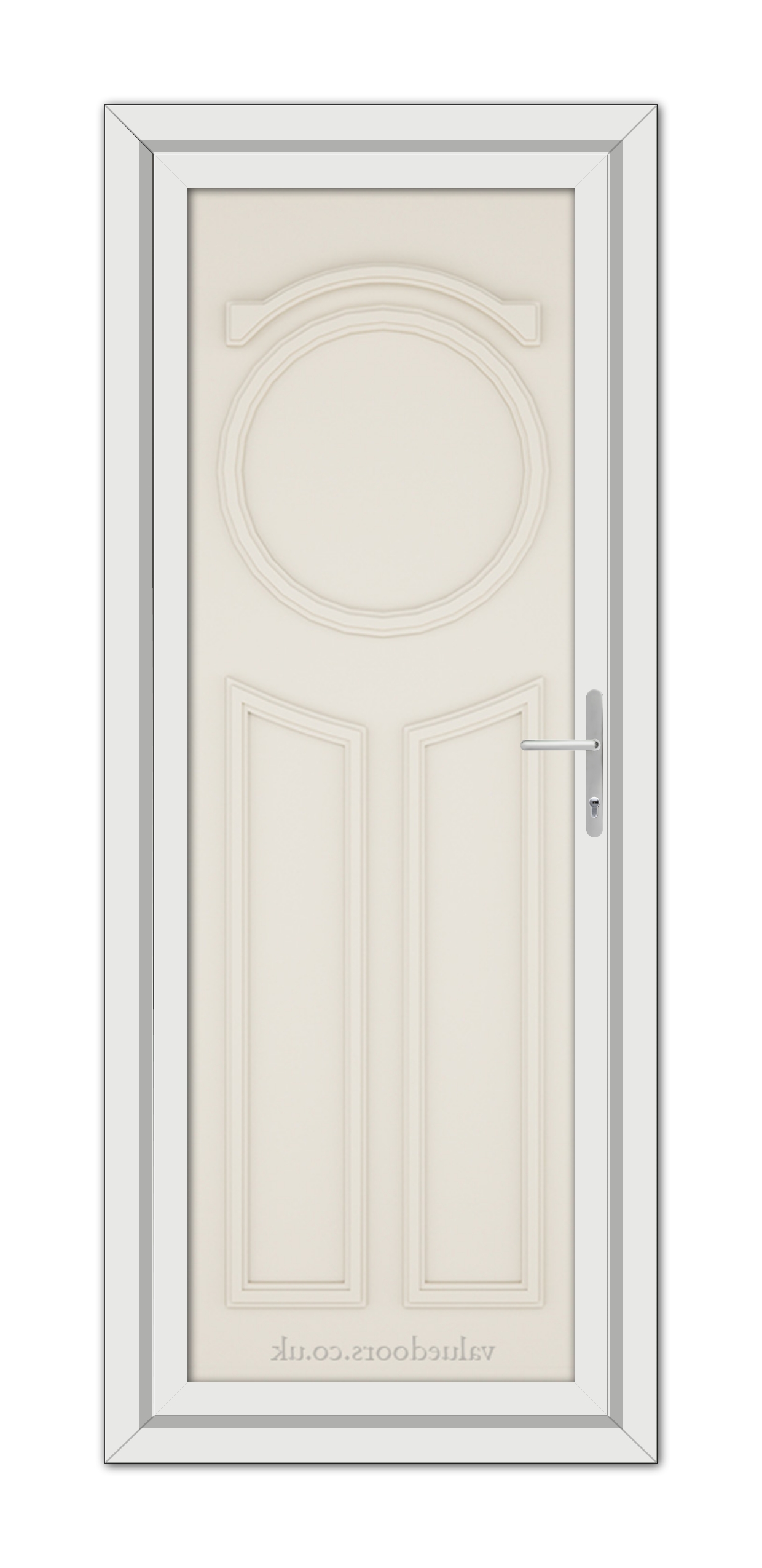 A vertical image of a Cream Blenheim Solid uPVC Door with a round window at the top and a metallic handle on the right side.