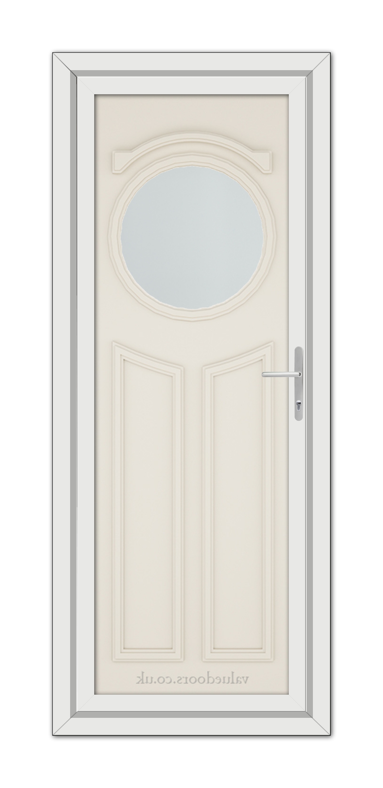 A vertical image of a Cream Blenheim uPVC Door featuring an oval window and a modern handle, set within a light gray frame.