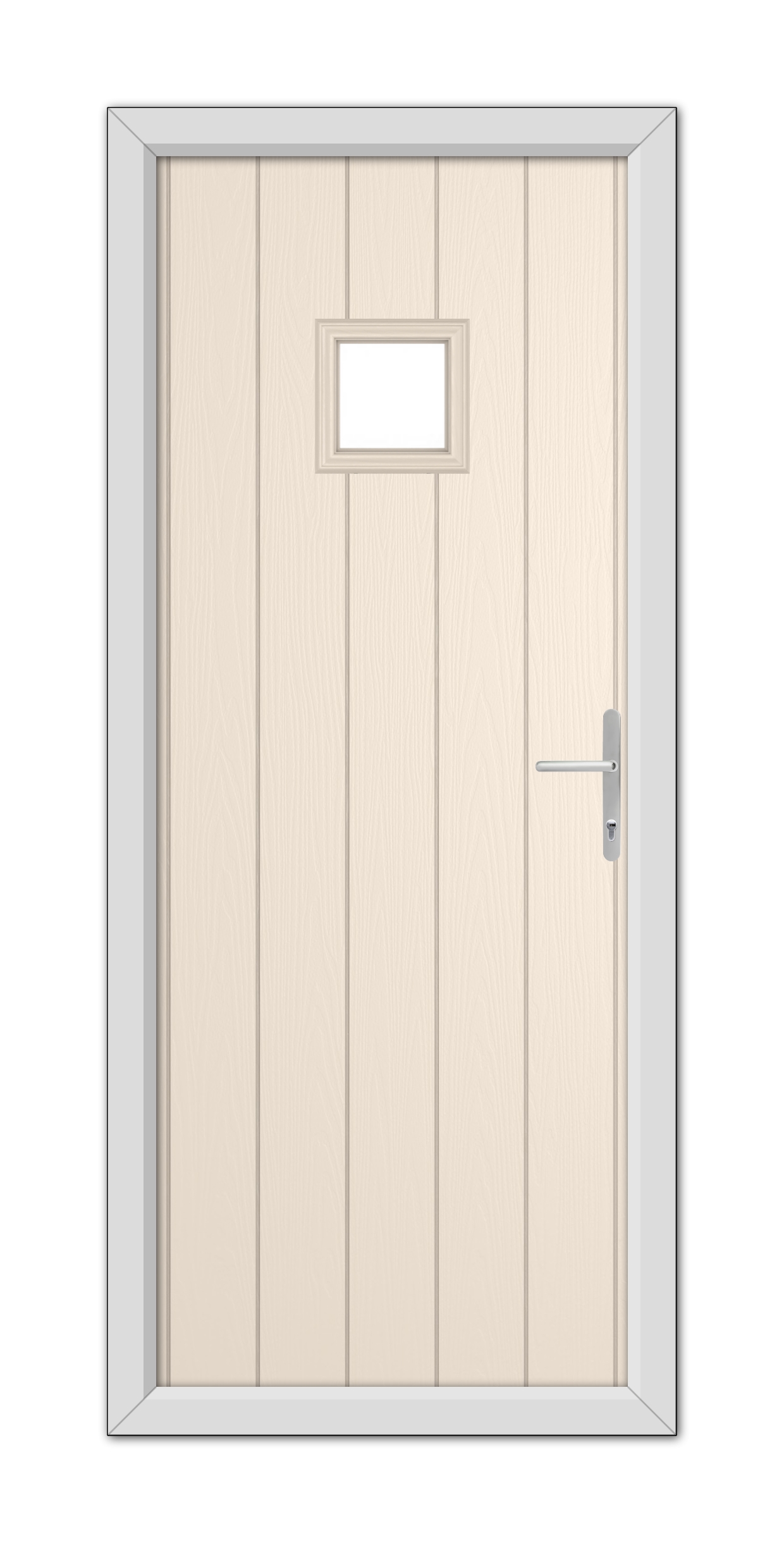 Cream Brampton Composite Door 48mm Timber Core with a metal handle and small rectangular window, set within a gray frame.