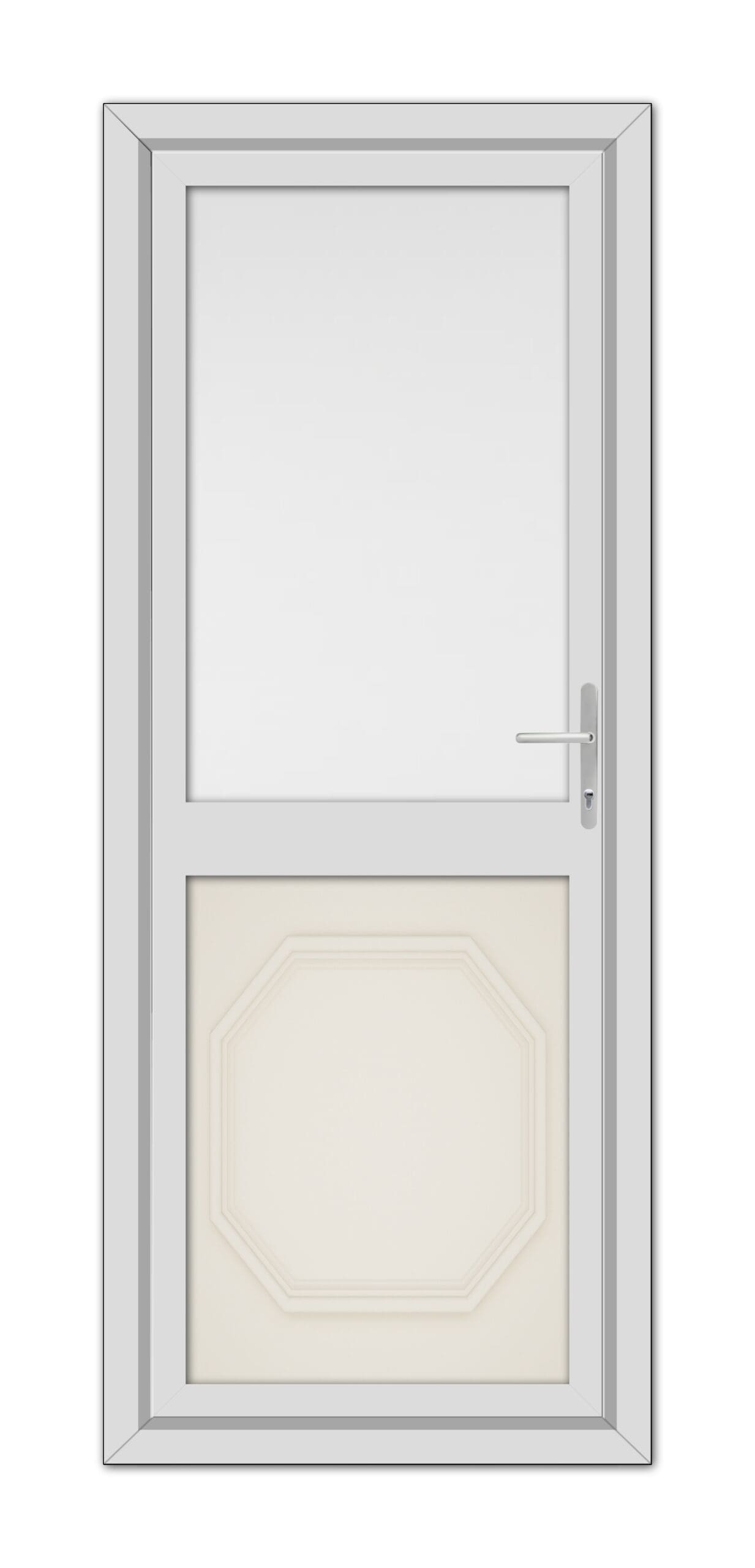 A modern Cream Buckingham Half uPVC Back Door featuring a sleek design with a silver handle and an octagonal panel at the bottom.