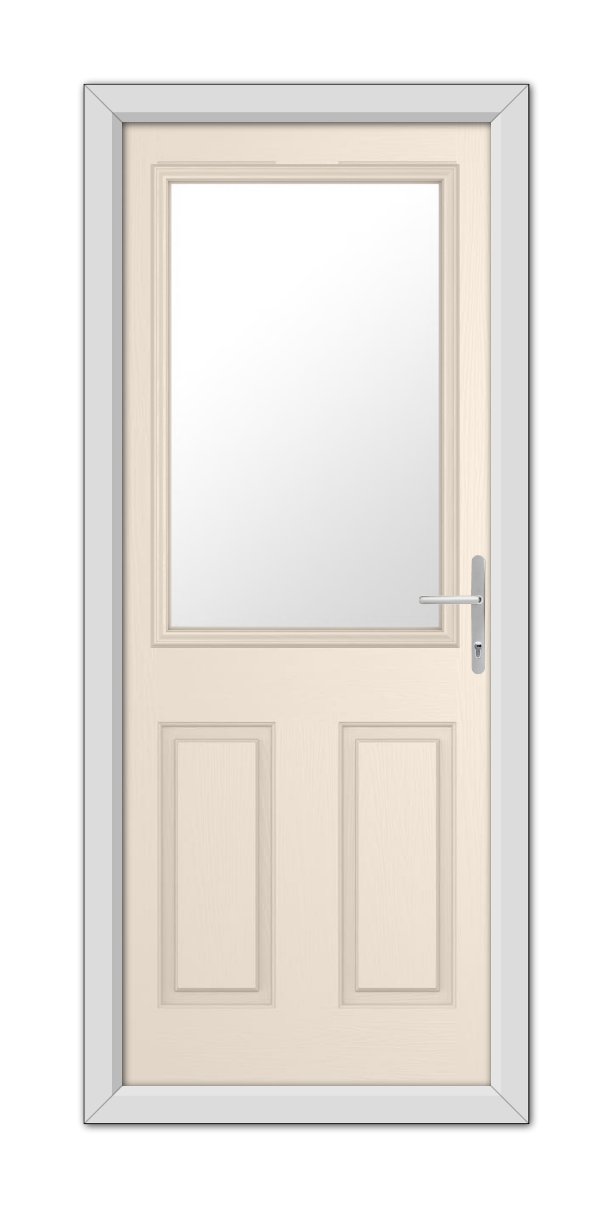 A modern Cream Buxton Composite Door 48mm Timber Core with a glass panel at the top, featuring a metallic handle on the right side, set within a simple frame.