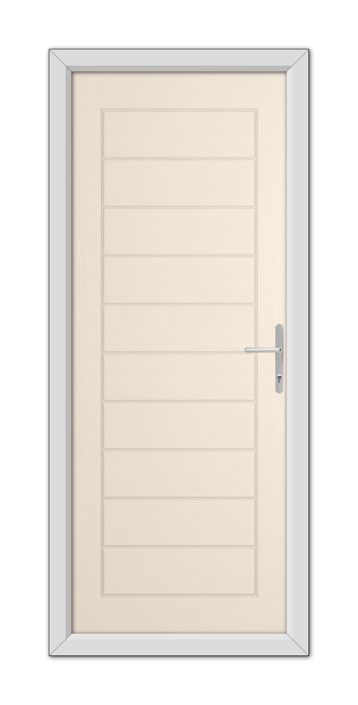 A modern Cream Cambridge Composite Door 48mm Timber Core with a silver handle, set in a grey frame, displayed against a white background.