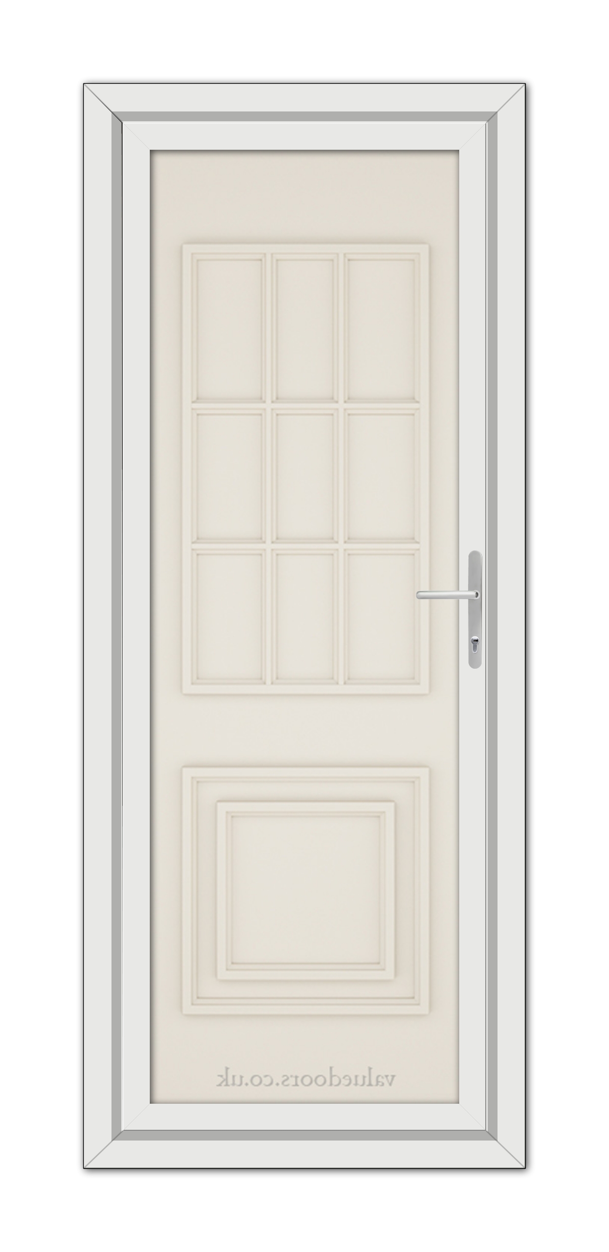 A vertical image of a closed, Cream Cambridge One Solid uPVC Door with a rectangular frame, featuring a silver handle on the right side and multiple panels.