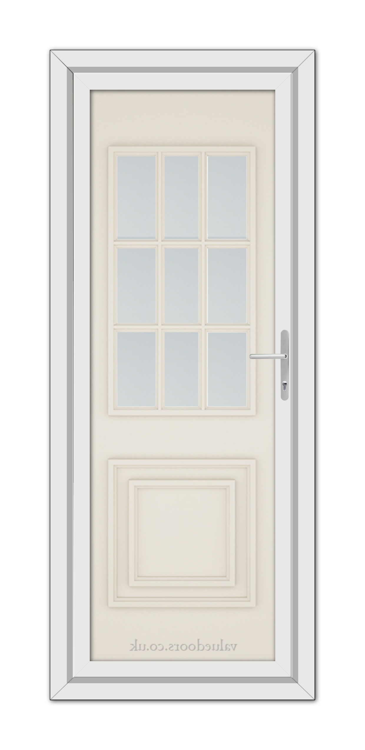 A vertical image of a closed Cream Cambridge One uPVC Door with a nine-pane frosted glass window at the top and a decorative panel at the bottom, featuring a silver handle on the right side.