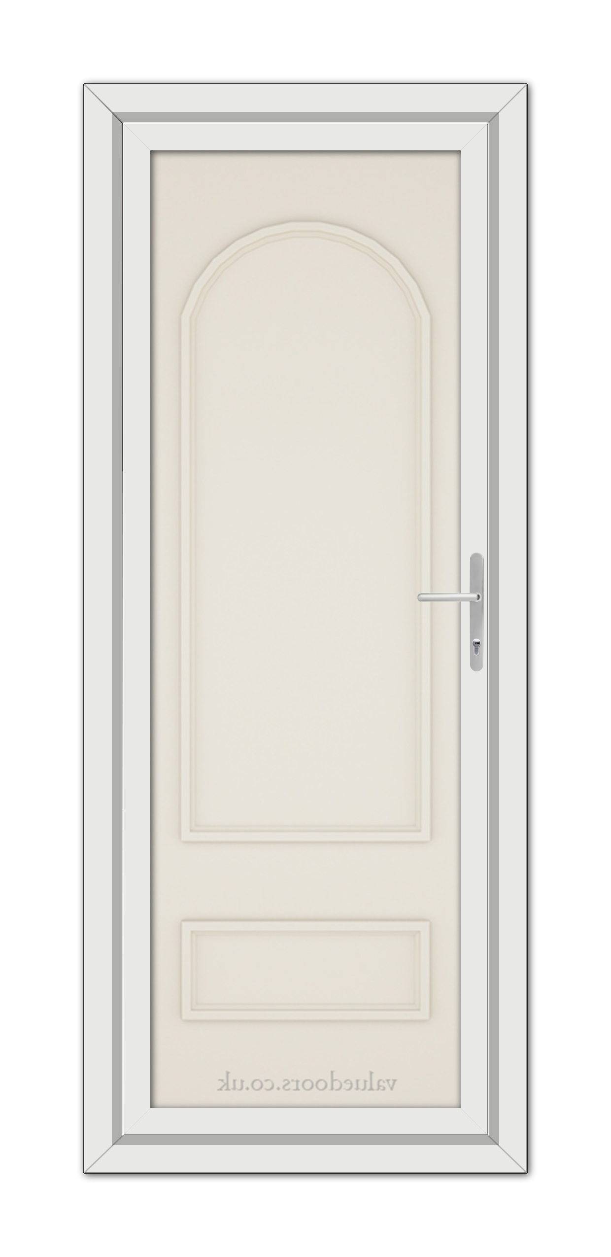 A vertical image of a closed, Cream Canterbury Solid uPVC Door with a silver handle, set within a white frame, viewed from the front.