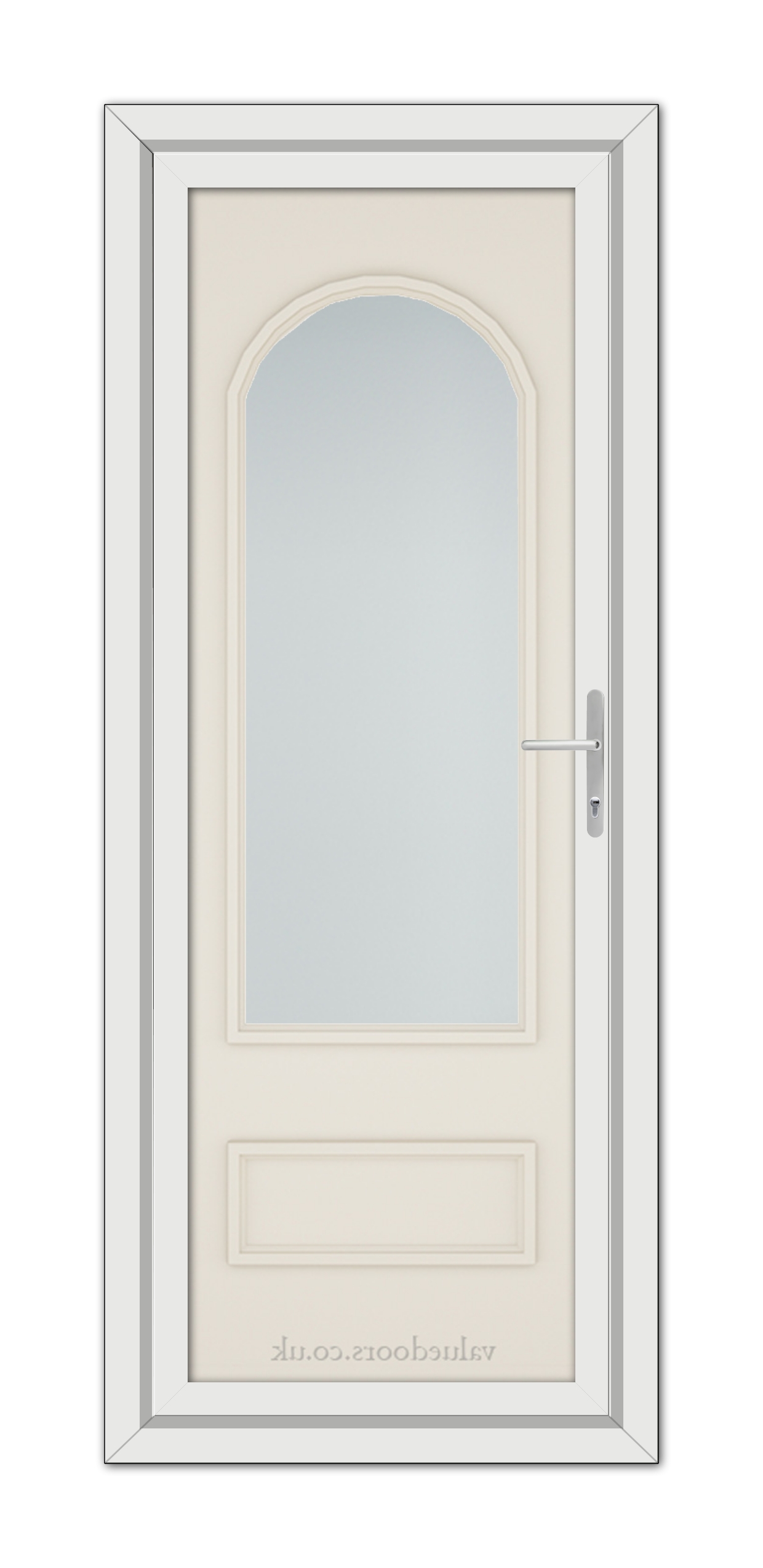 A Cream Canterbury uPVC Door with a vertical, arched window set into it, featuring a sleek, silver handle on the right side.