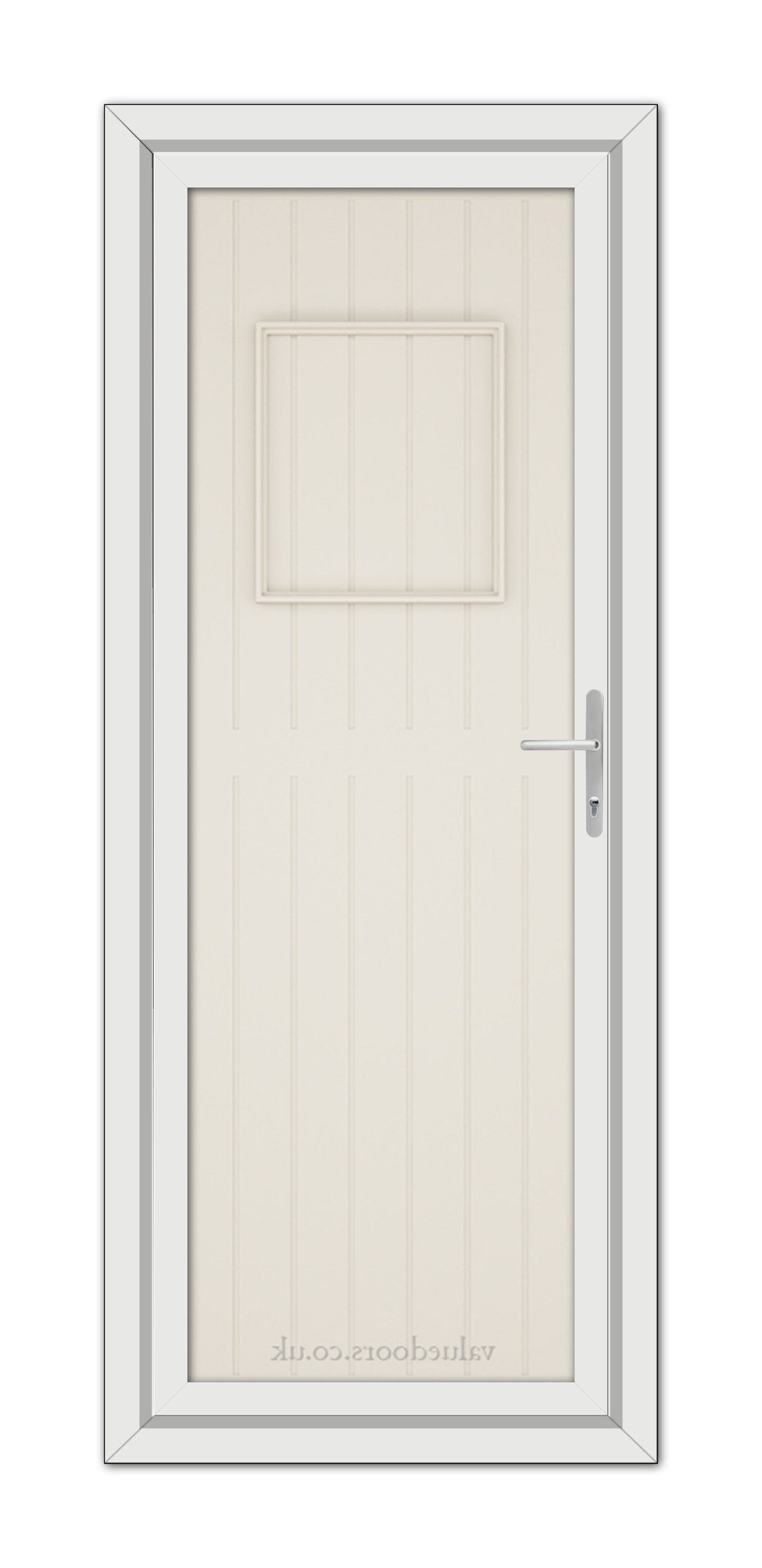 A modern Cream Chatsworth Solid uPVC Door with a rectangular frosted glass window at the top, framed by a gray border and featuring a metallic handle on the right side.