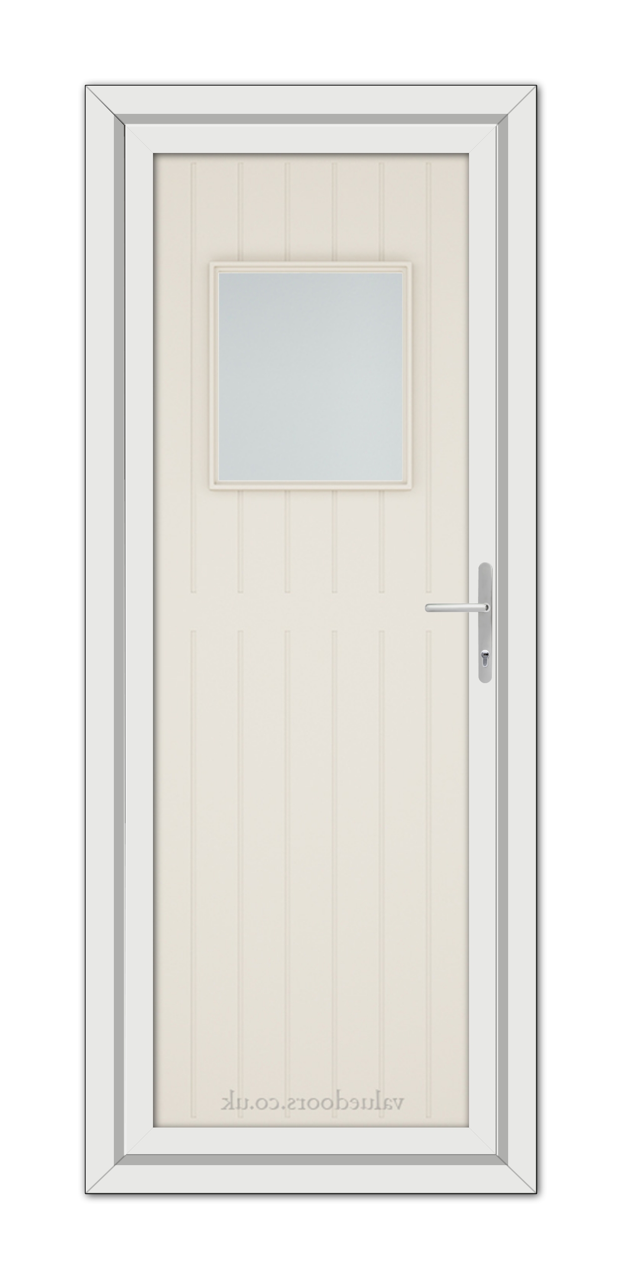 A Cream Chatsworth uPVC door featuring a small square glass window near the top and a metallic handle on the right, set within a simple frame.
