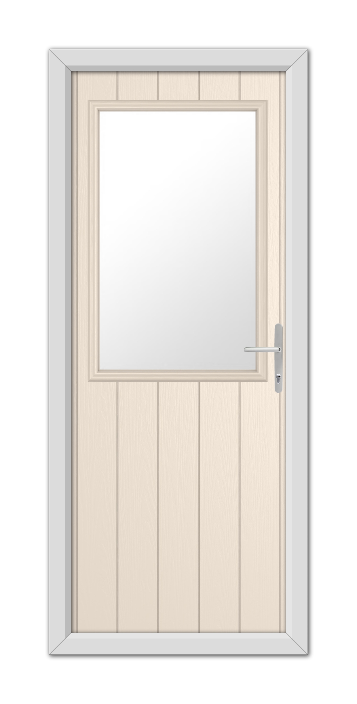 A Cream Clifton Composite Door 48mm Timber Core with a square glass window and a metallic handle, framed within a gray door frame.