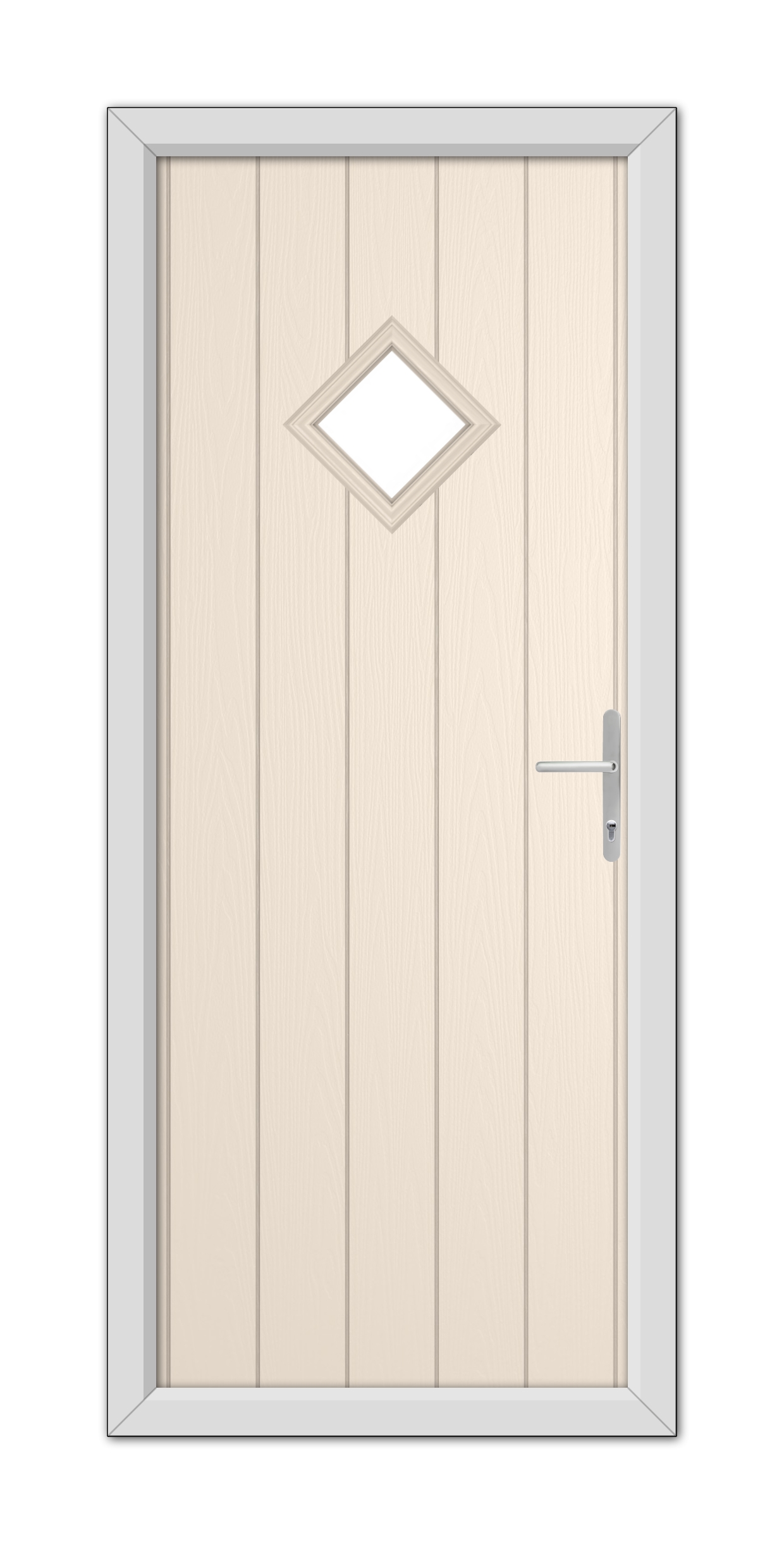 A Cream Cornwall Composite Door 48mm Timber Core with a diamond-shaped window and a modern handle, set within a gray frame.