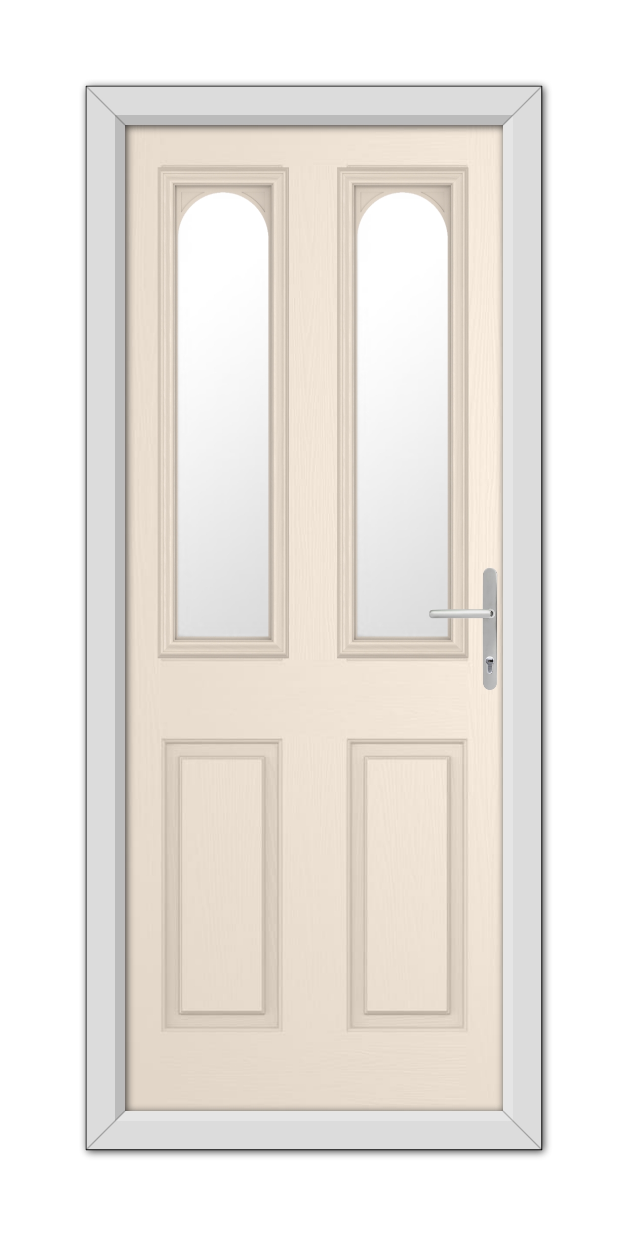A modern Cream Elmhurst Composite Door 48mm Timber Core with glass panels on the upper half and silver handles, set in a simple gray frame.