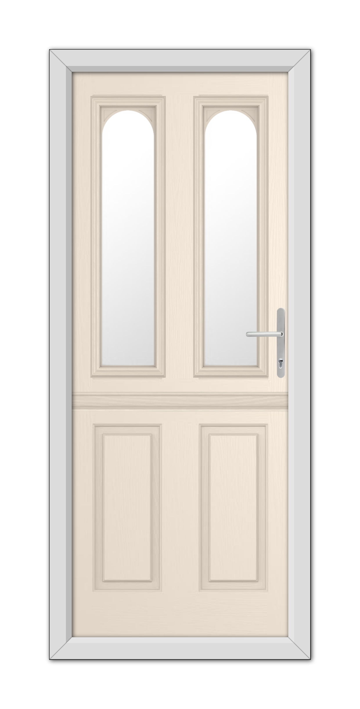 A modern Cream Elmhurst Stable Composite Door 48mm Timber Core with glass panels on the top half and wooden panels on the bottom, featuring a minimalist handle, set in a simple frame.