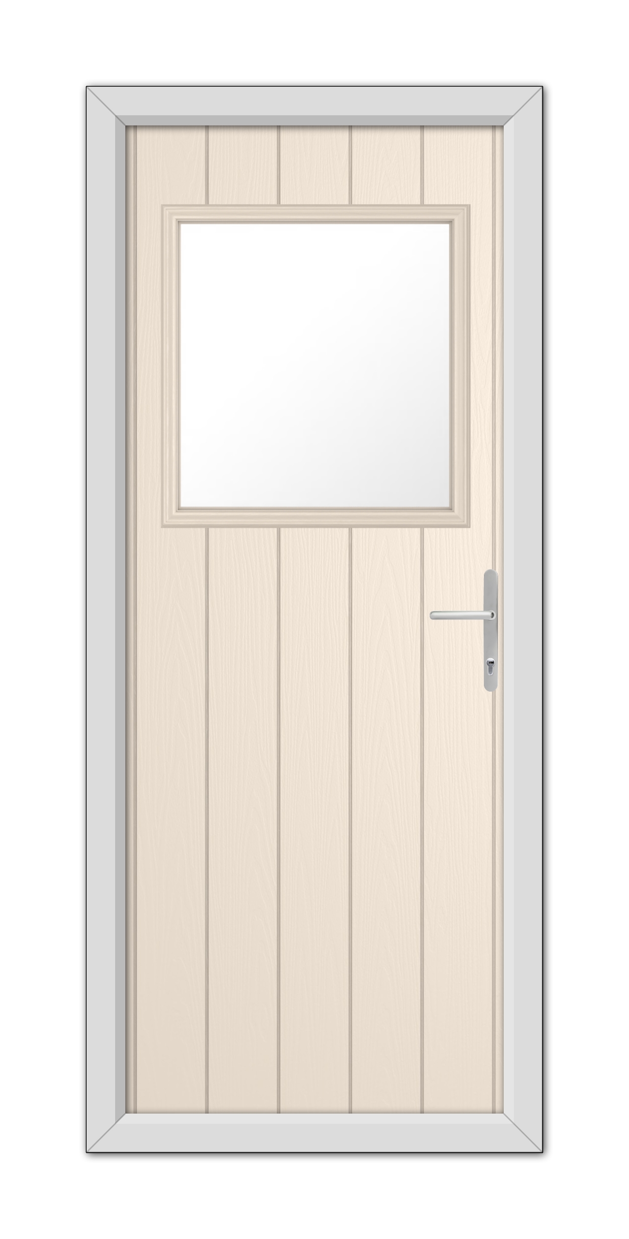 A Cream Fife Composite Door 48mm Timber Core with a small rectangular window at the top, featuring a metal handle on the right side, set within a gray frame.