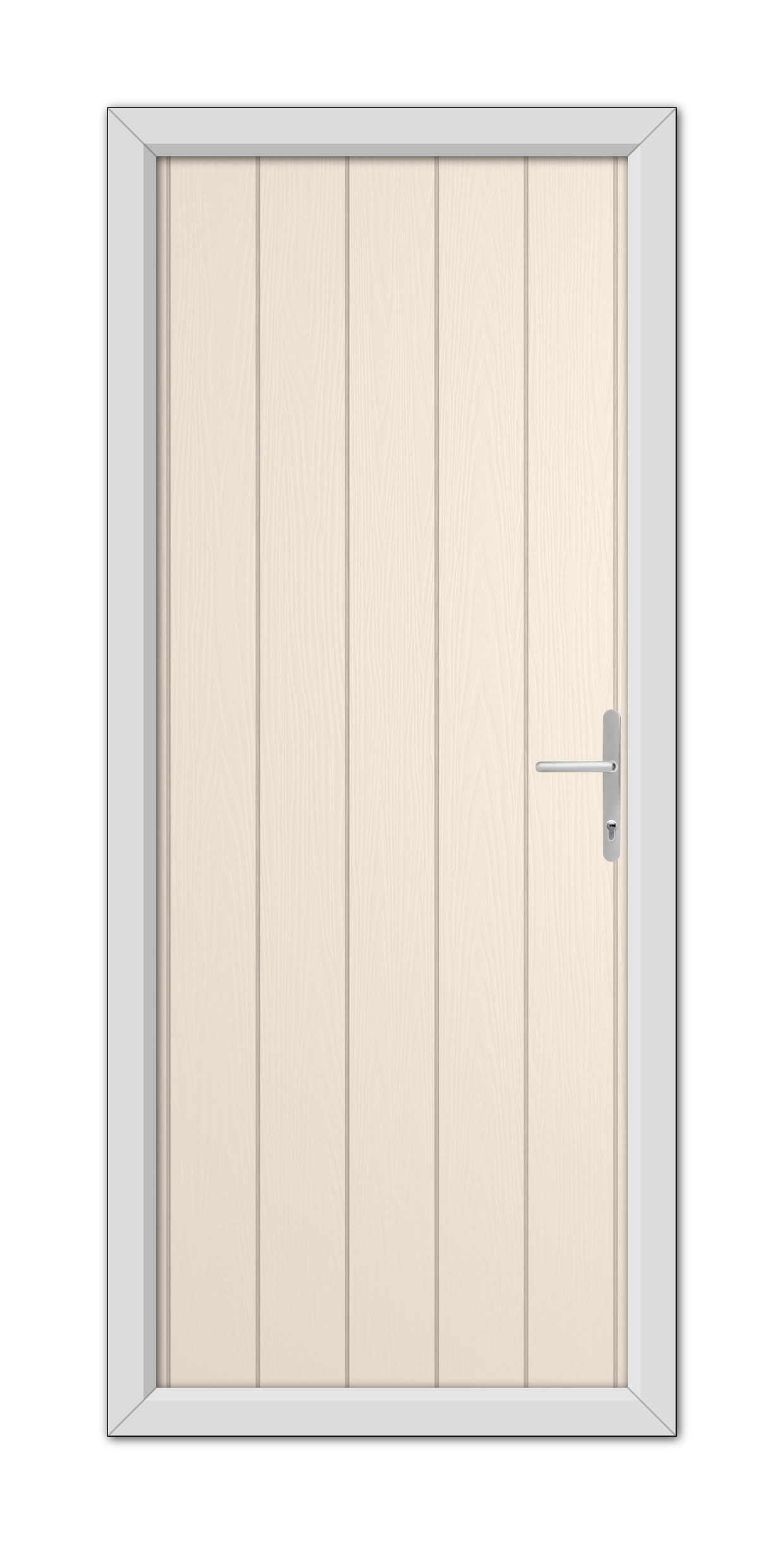 A Cream Gloucester Composite Door 48mm Timber Core with vertical panels and a silver handle, framed by a gray door frame, depicted against a white background.