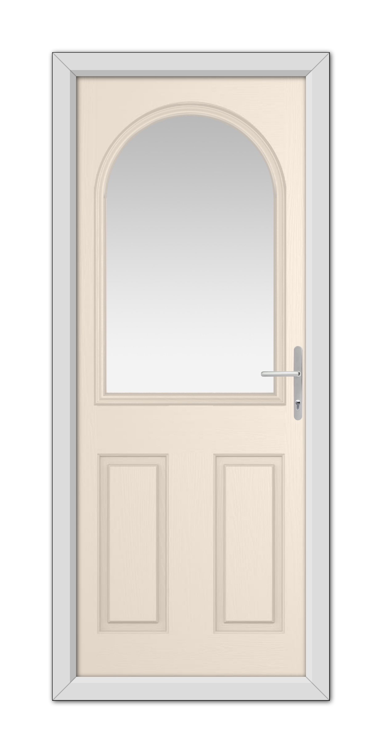 A Cream Grafton Composite Door 48mm Timber Core with an arched window at the top, a modern handle on the right, and a metal frame around it.