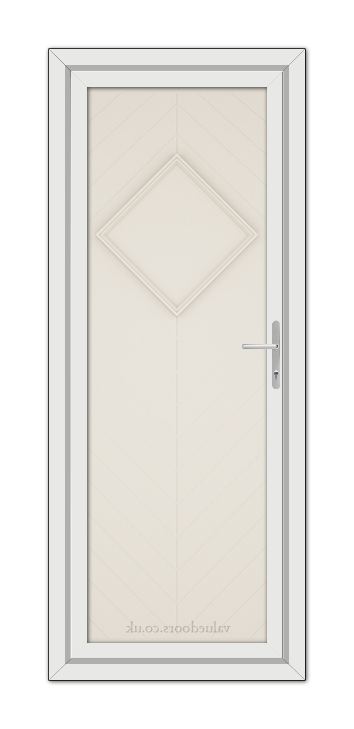 A modern Cream Hamburg Solid uPVC door with a diamond-shaped window and a silver handle, set in a gray frame, viewed from the front.