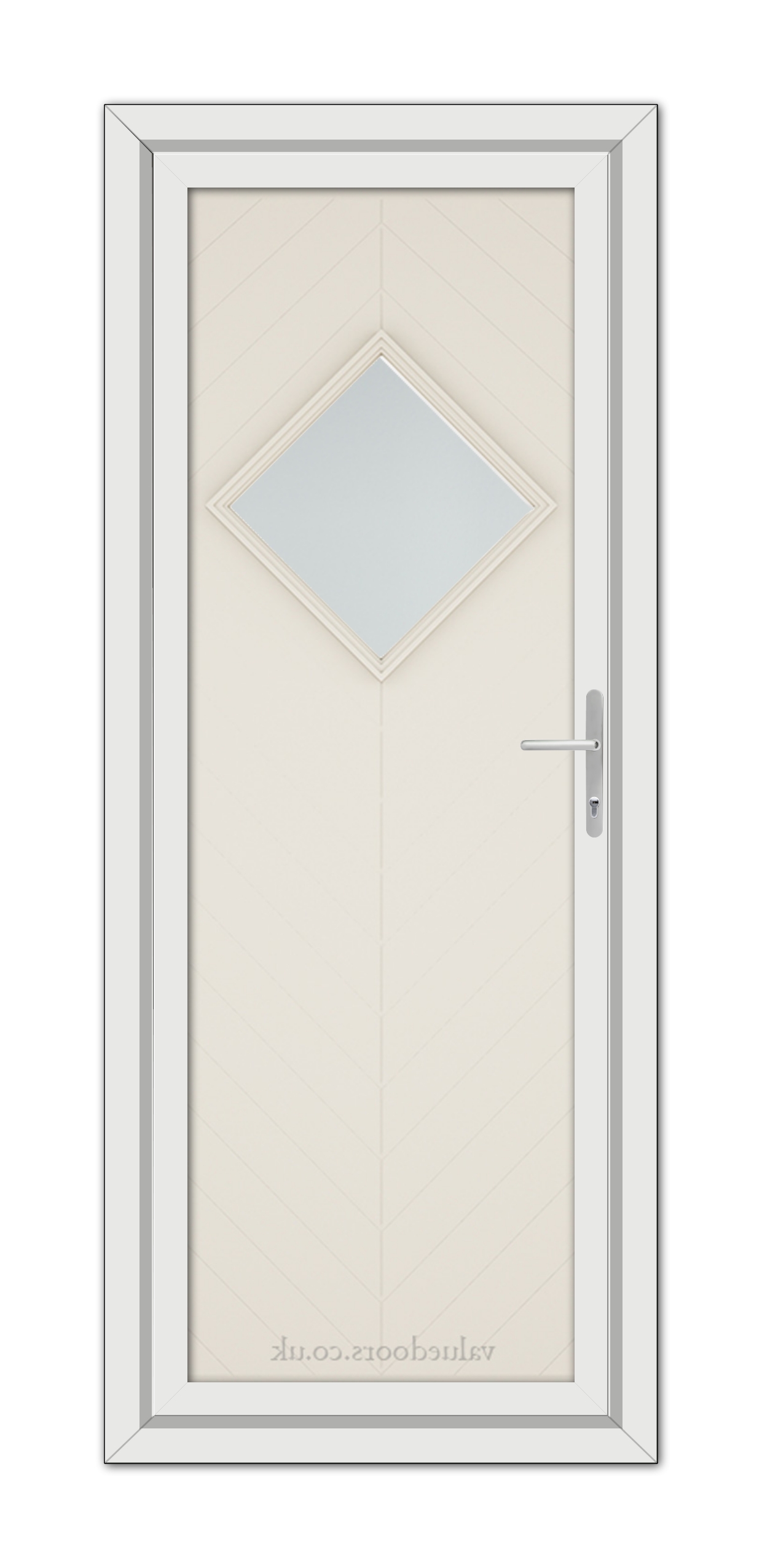 A modern Cream Hamburg uPVC Door with a rhombus-shaped glass window and a metallic handle, viewed from the front.