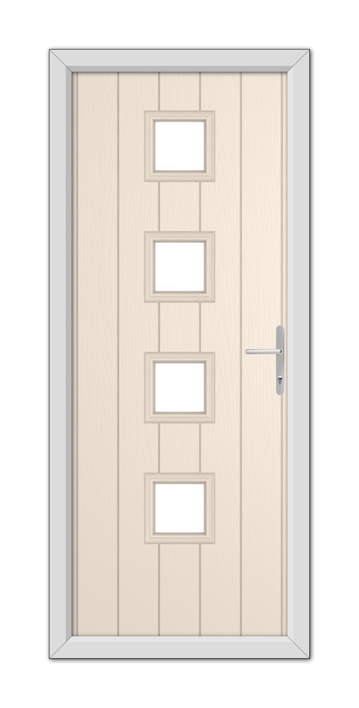 A Cream Hamilton Composite Door 48mm Timber Core with a metallic handle and four rectangular glass panels, set within a grey frame.