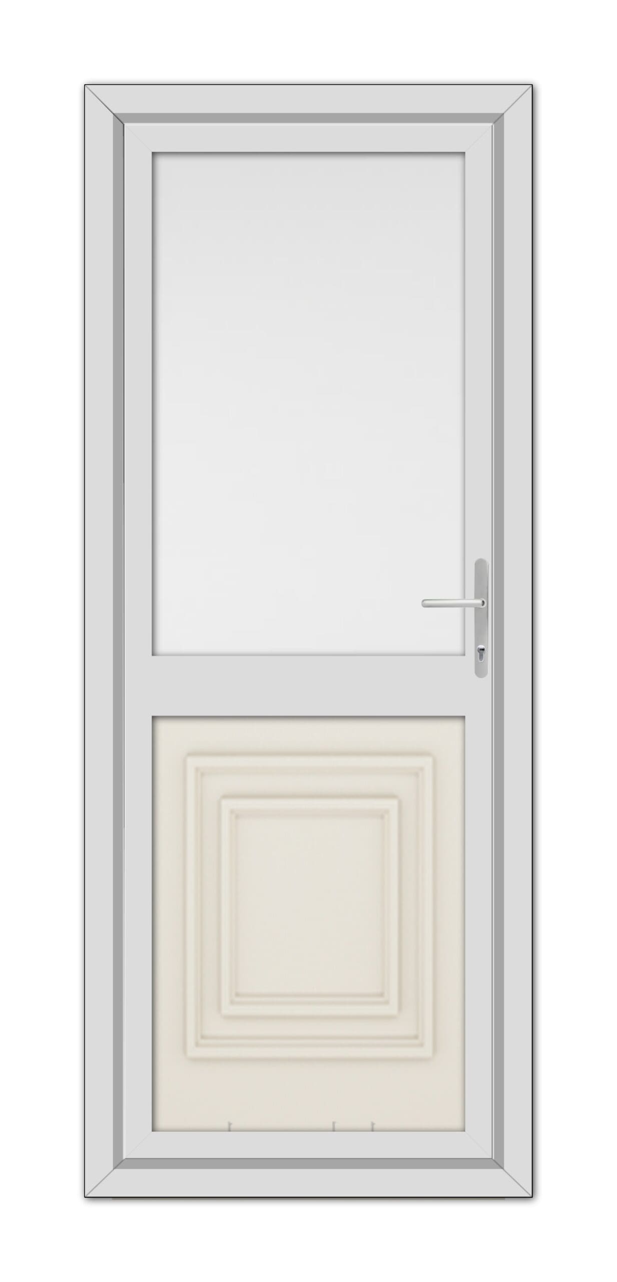A Cream Hannover Half uPVC Back Door with a large upper window and a rectangular raised panel at the bottom, featuring a sleek handle on the right.