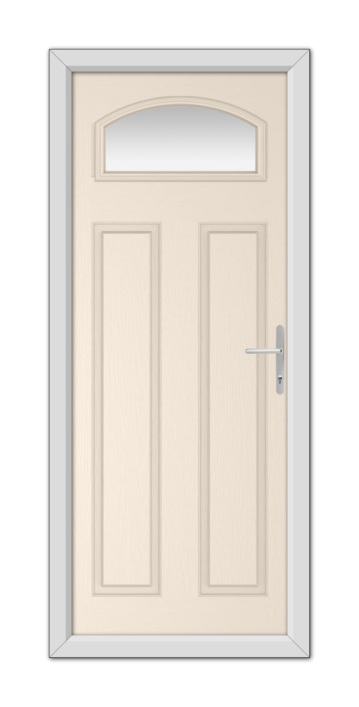 A realistic illustration of a Cream Harlington Composite Door 48mm Timber Core with a wooden texture and an arched window, set within a grey frame, equipped with a metallic handle on the right.