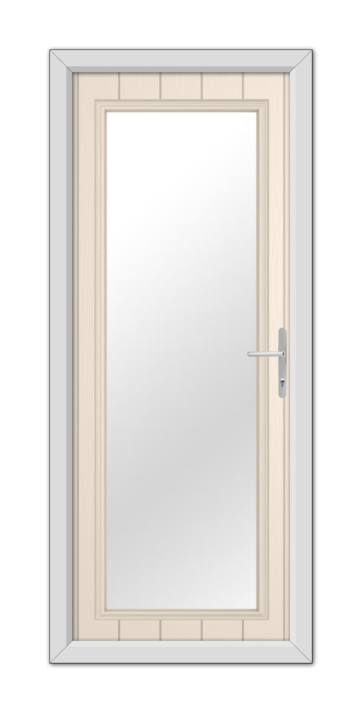 A Cream Hatton Composite Door 48mm Timber Core with a metal handle, set within a wooden frame, featuring a large rectangular glass panel.