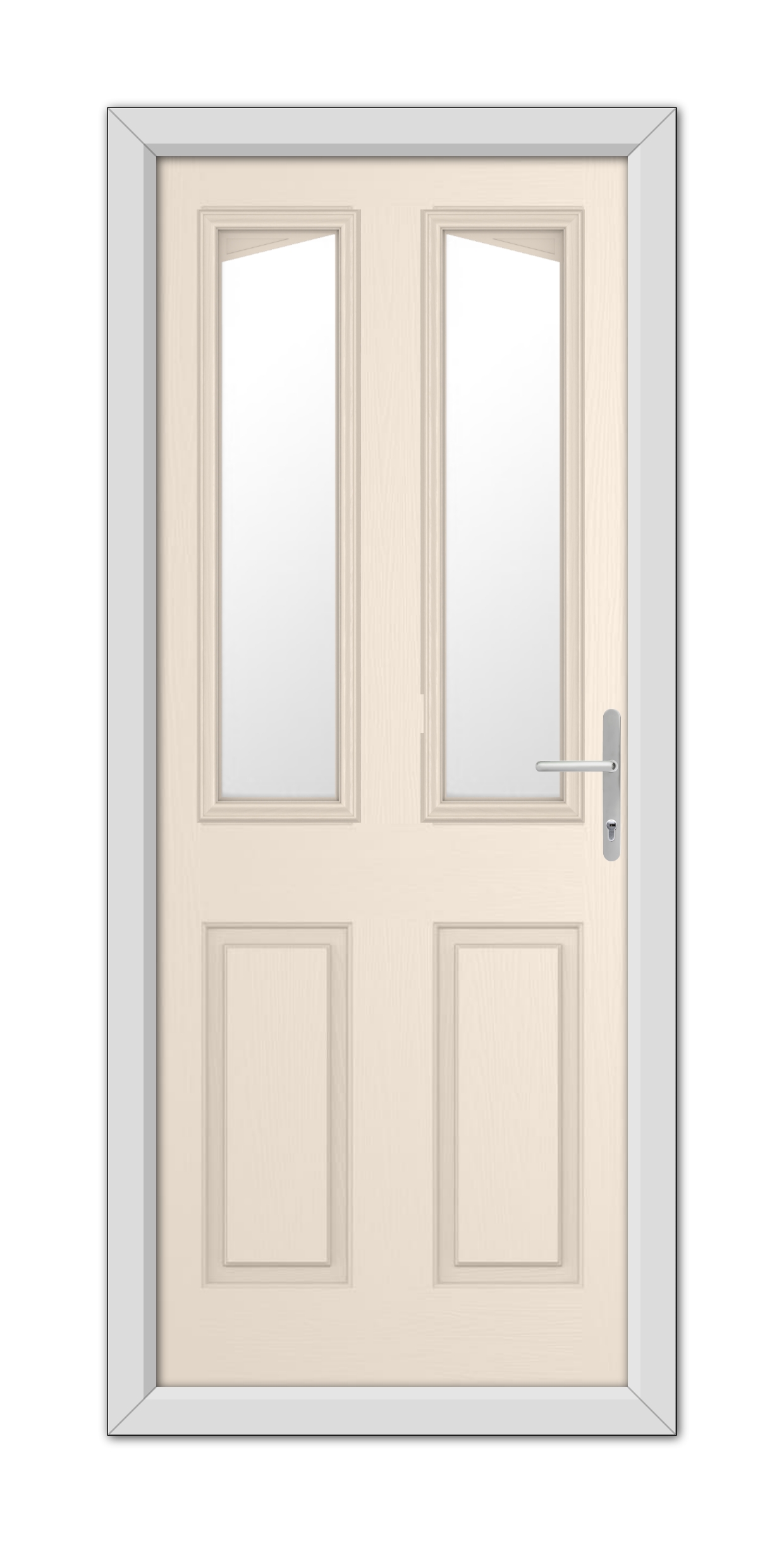 Cream Highbury Composite Door 48mm Timber Core with vertical glass panels at the top, metallic handle, and frame, viewed from the front.