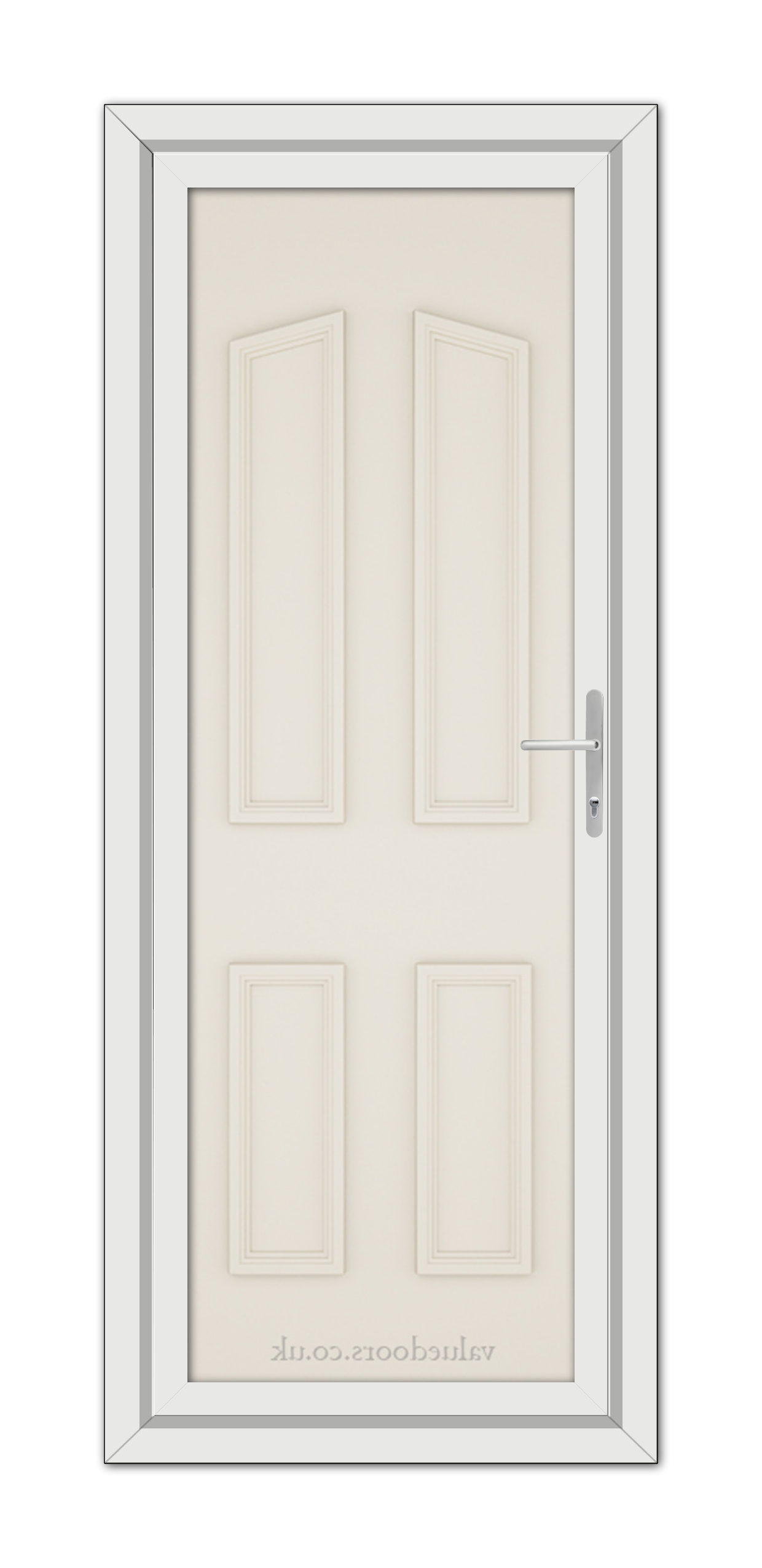 A vertical image of a closed Cream Kensington Solid uPVC Door with a silver handle, set within a light grey frame.