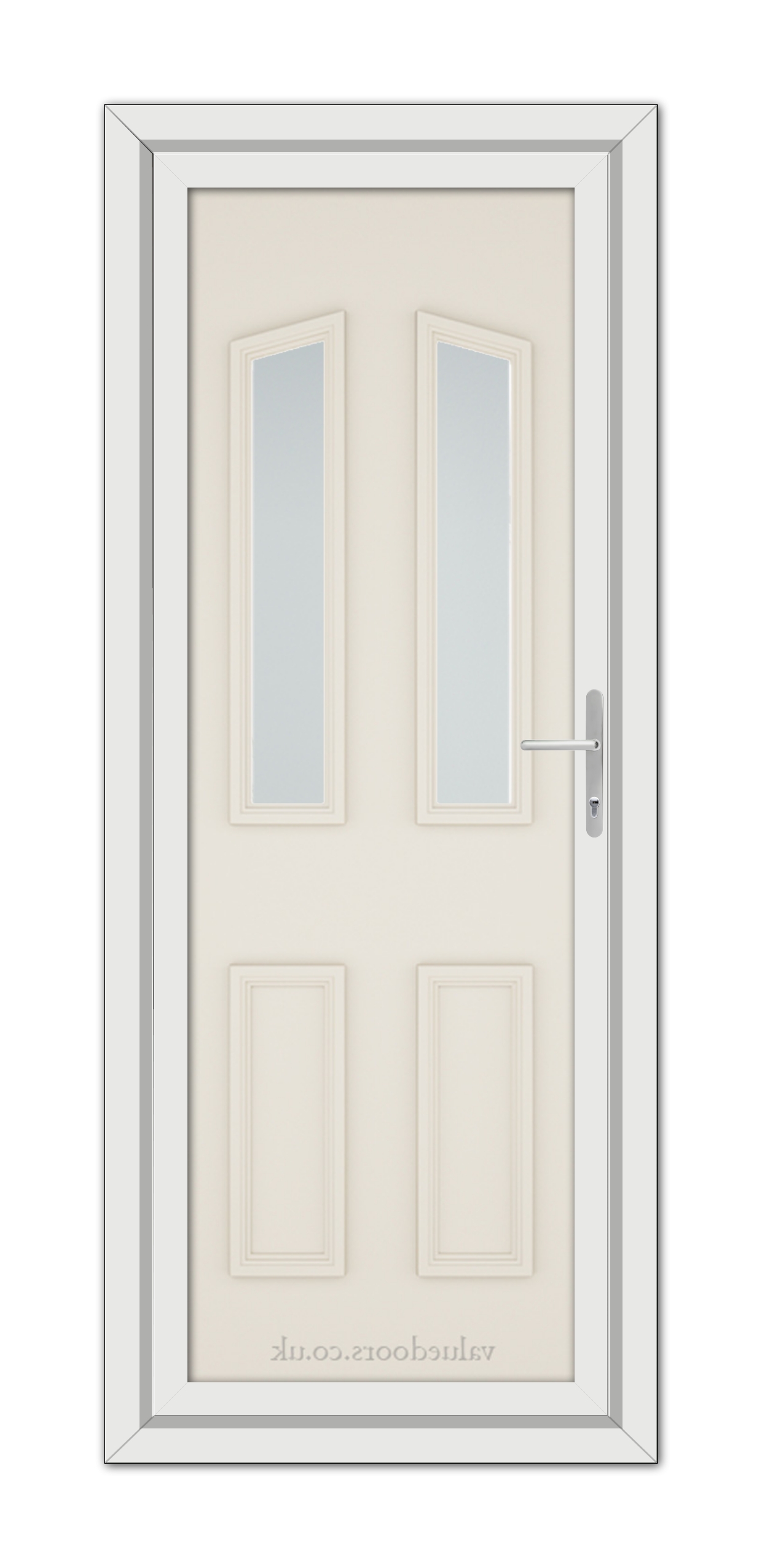 A modern, Cream Kensington uPVC door featuring two vertical glass panels and a metal handle, set within a simple frame.
