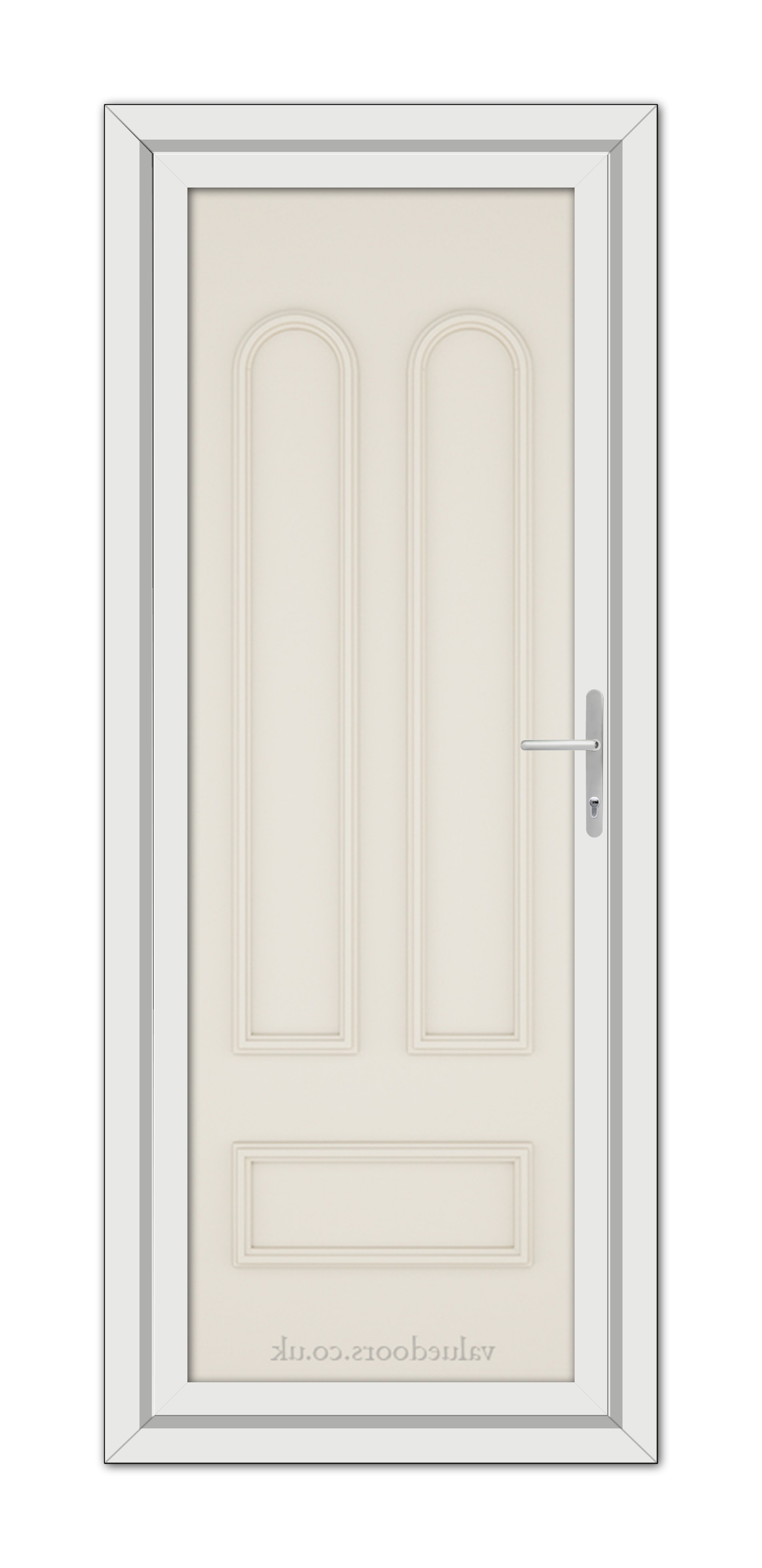 A vertical image of a Cream Madrid Solid uPVC Door with a modern handle, set within a frame, viewed from the front.