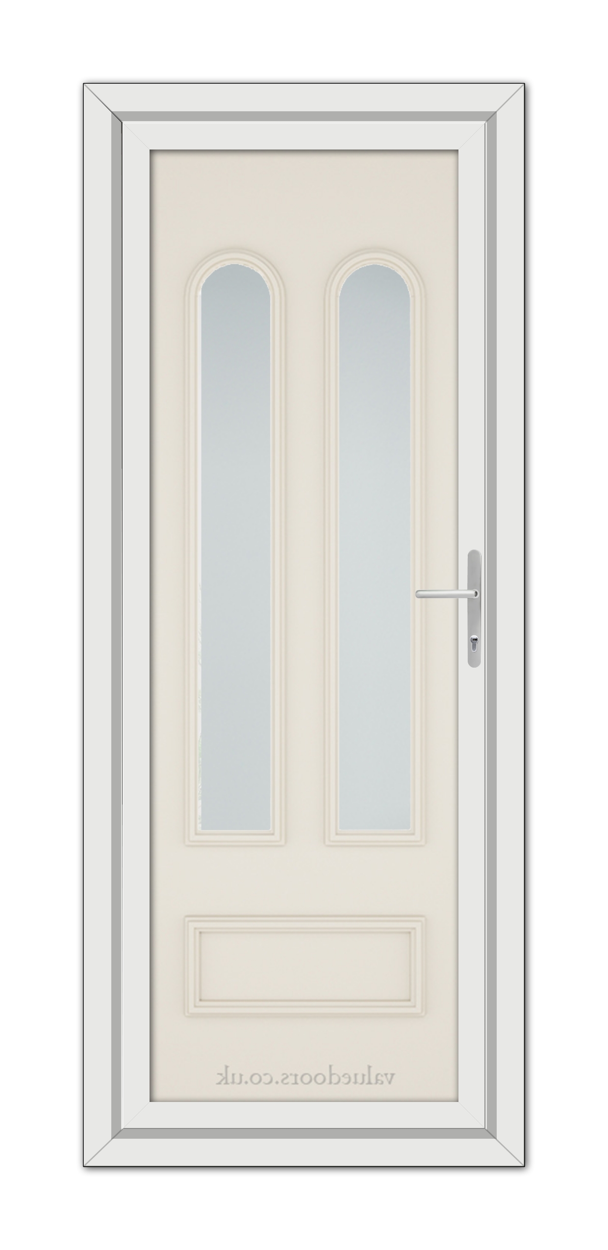 A Cream Madrid uPVC Door with a vertical handle and two narrow, frosted glass panels.