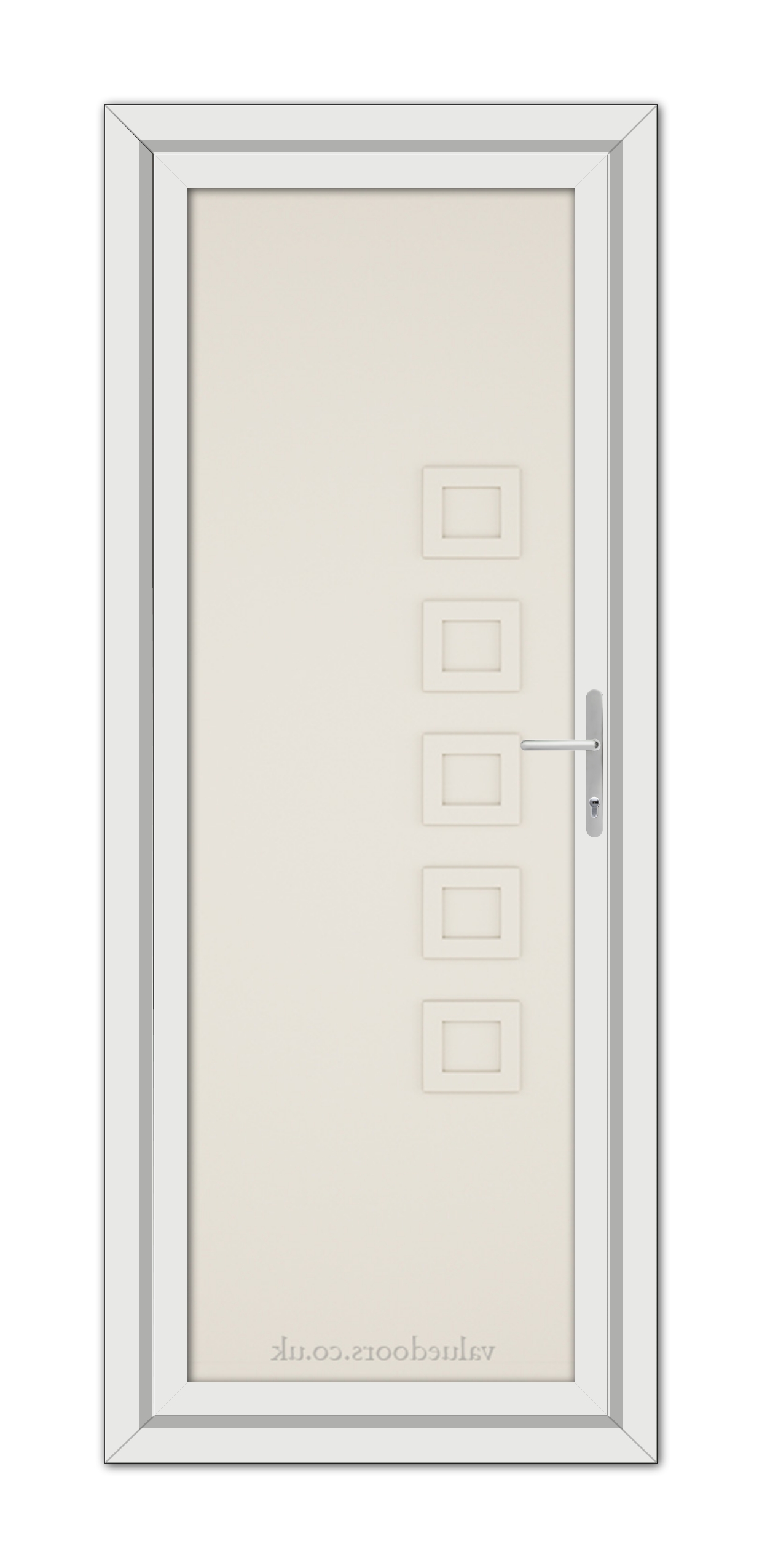 A vertical image of a Cream Malaga Solid uPVC Door with a handle on the right and five square windows aligned vertically down the center.