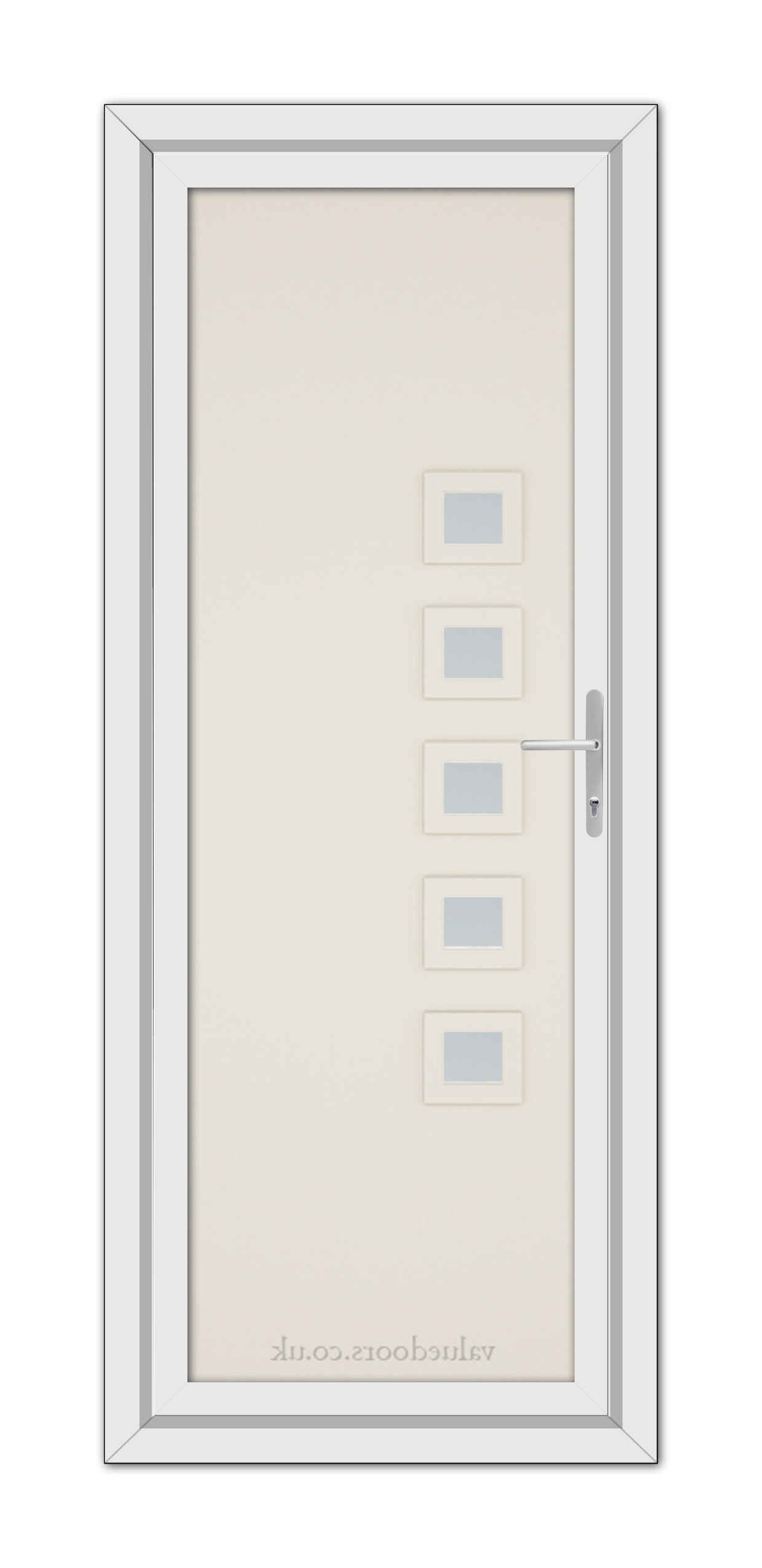 Sentence with product name: Vertical image of a closed Cream Malaga uPVC door with a modern handle and five small square windows aligned vertically on the left side, within a silver frame.