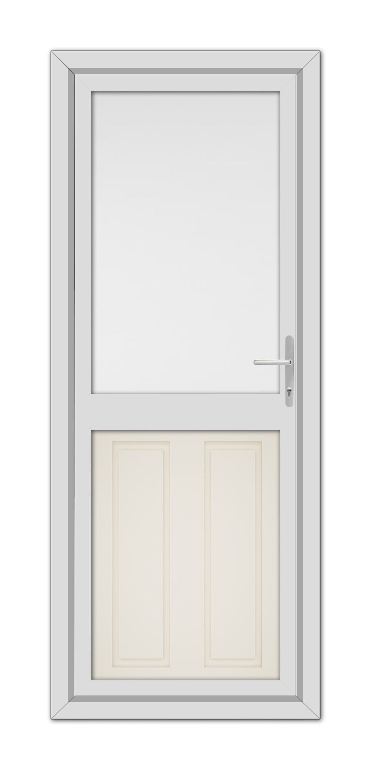 A Cream Manor Half uPVC Back Door with a small square window at the top, featuring a silver handle on the right, set within a gray frame.