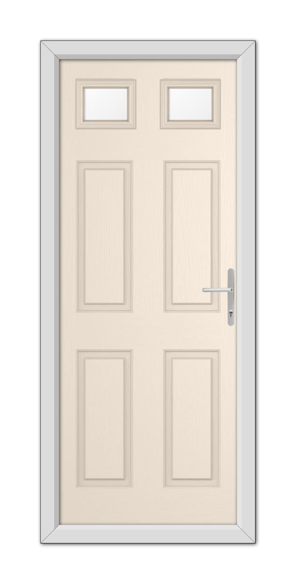 A modern Cream Middleton Glazed 2 Composite Door 48mm Timber Core with six panels and a metallic handle, set within a grey frame.