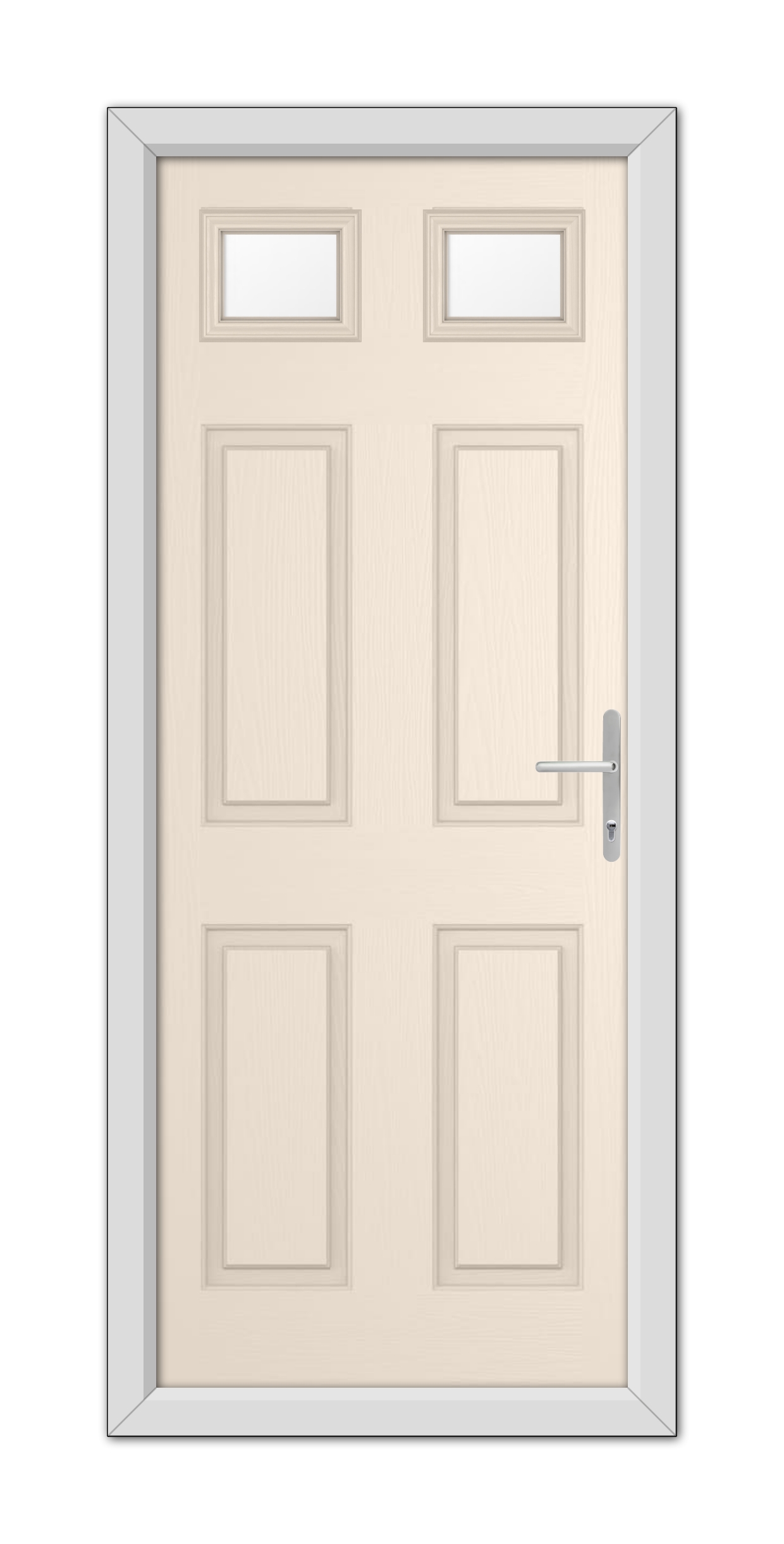A modern Cream Middleton Glazed 2 Composite Door 48mm Timber Core with six panels and a metallic handle, set within a grey frame.