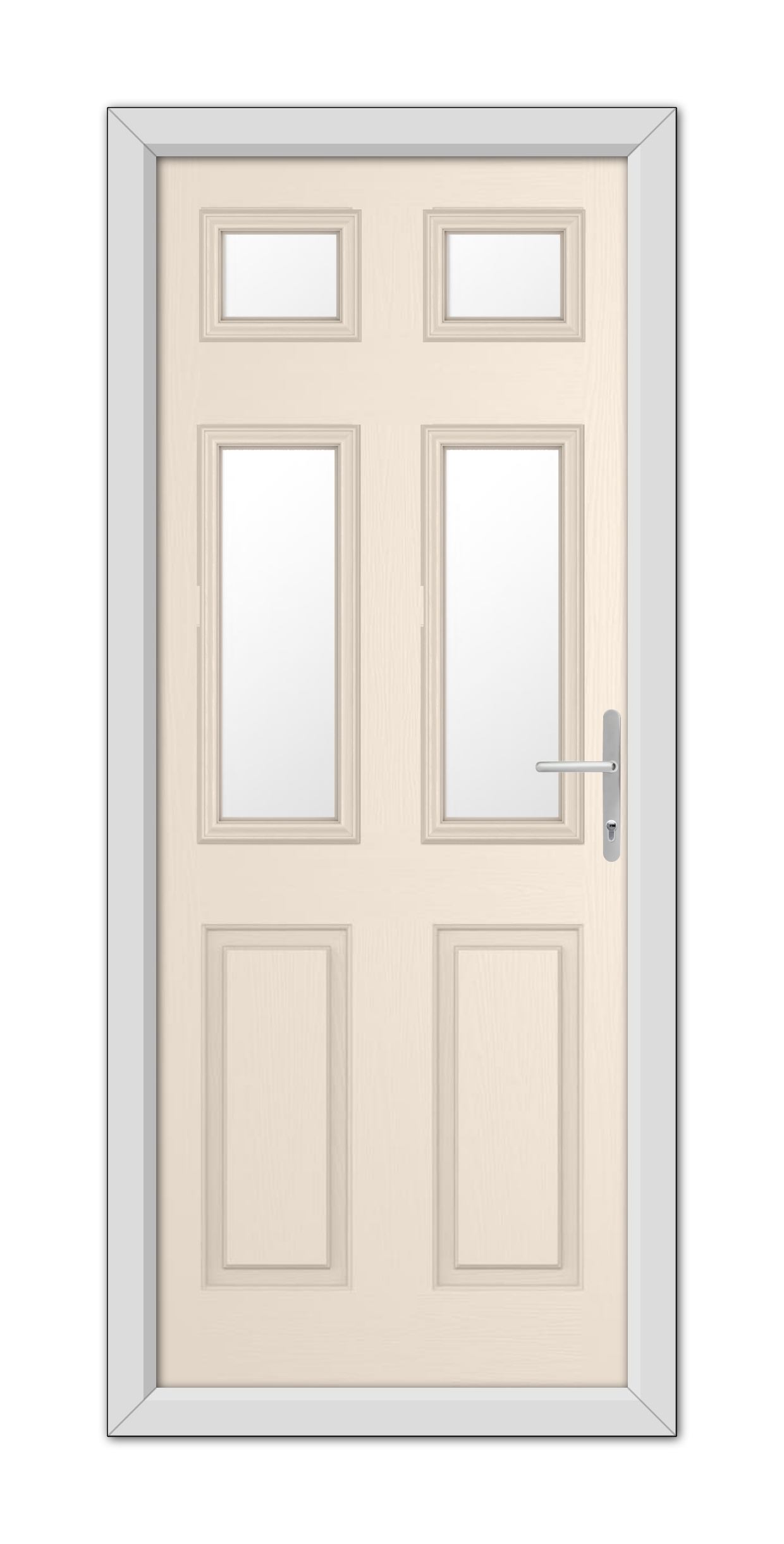 A modern Cream Middleton Glazed 4 Composite Door 48mm Timber Core with glass panels and a silver handle, set within a gray frame.