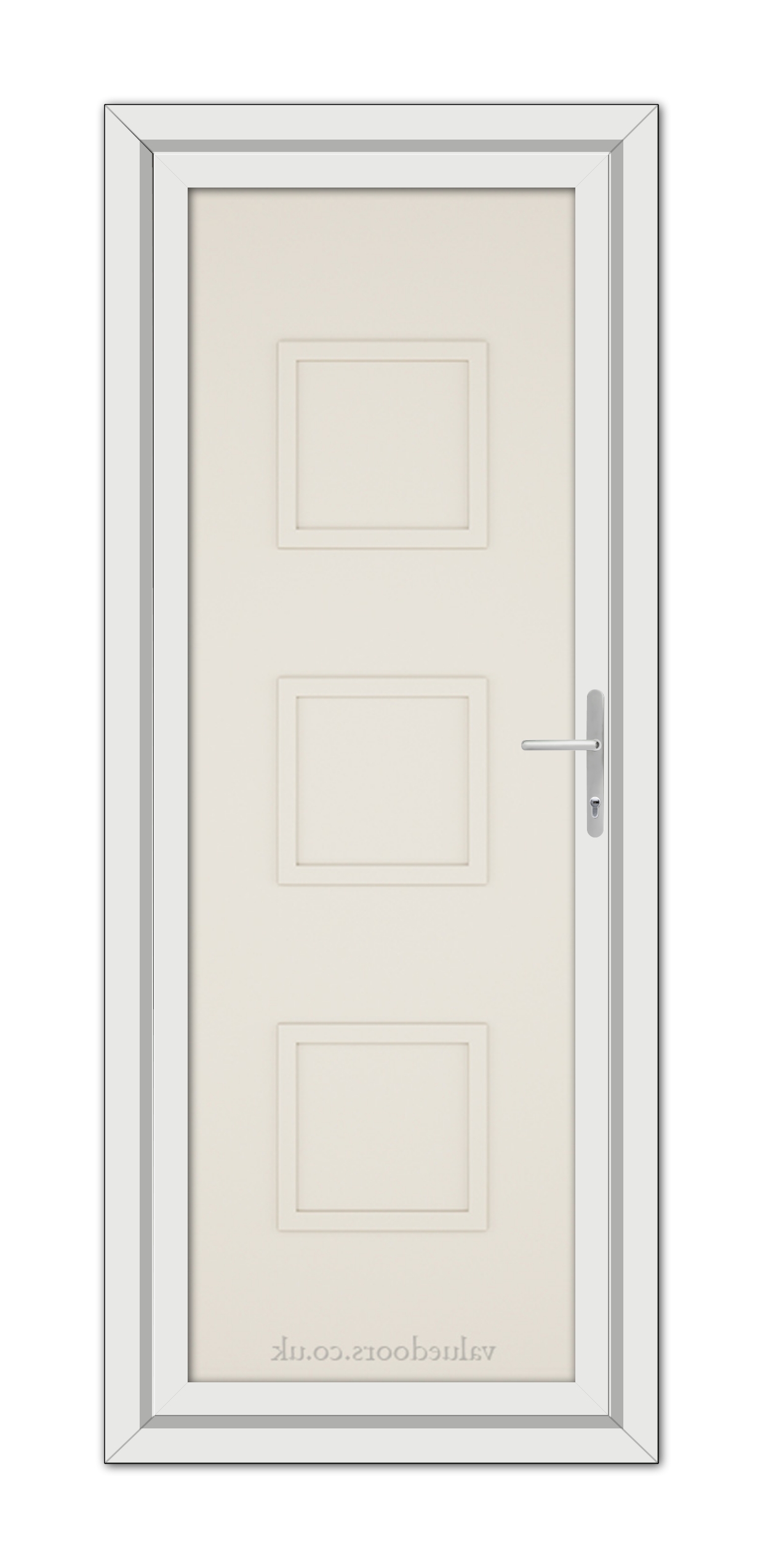 A vertical image of a closed Cream Modern 5013 Solid uPVC door with a silver handle and three rectangular panels, displayed against a white background.