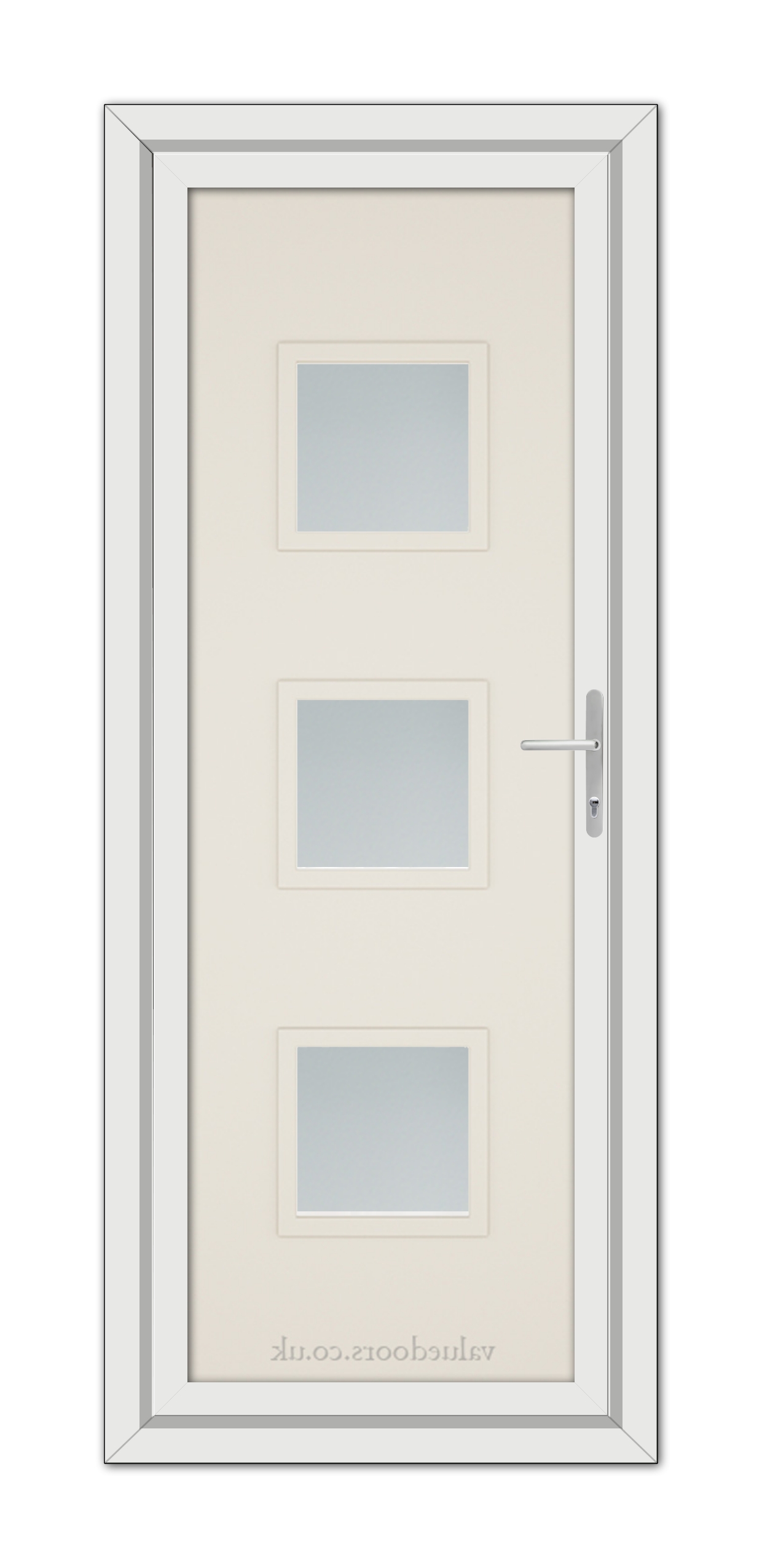 A Cream Modern 5013 uPVC Door with three frosted glass panels and a silver handle, set within a grey frame, viewable from the front.