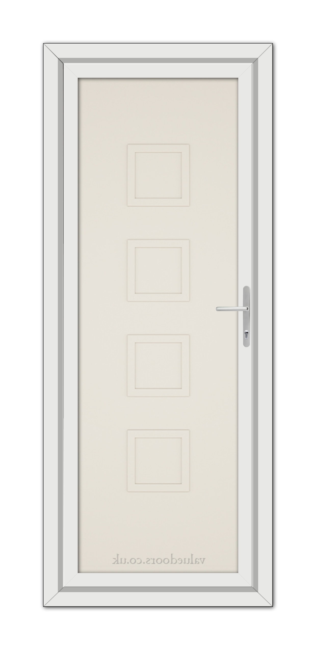 A vertical image of a Cream Modern 5034 Solid uPVC Door with a silver frame, featuring a white handle and four symmetrical square panels.