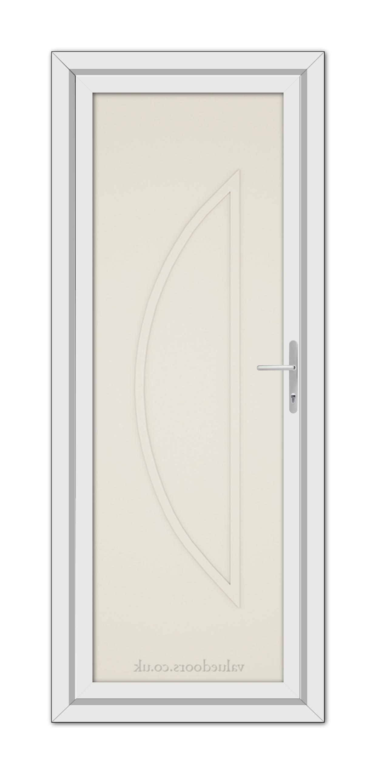 A vertical image of a Cream Modern 5051 Solid uPVC Door with a semi-circular raised panel design and a metallic handle, set within a white frame.