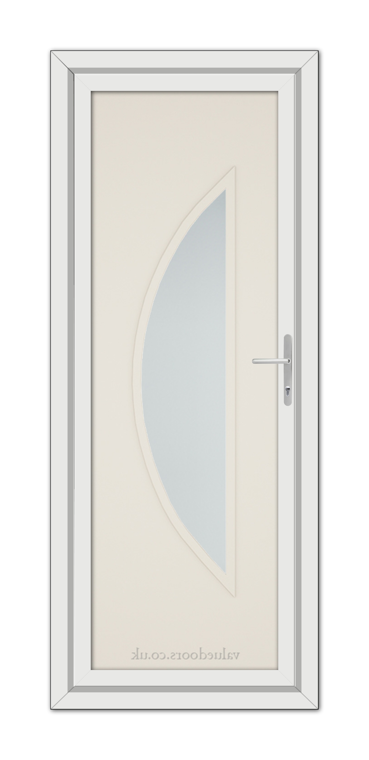 A vertical image of a Cream Modern 5051 uPVC Door with a large, half-oval frosted glass window and a metallic handle.
