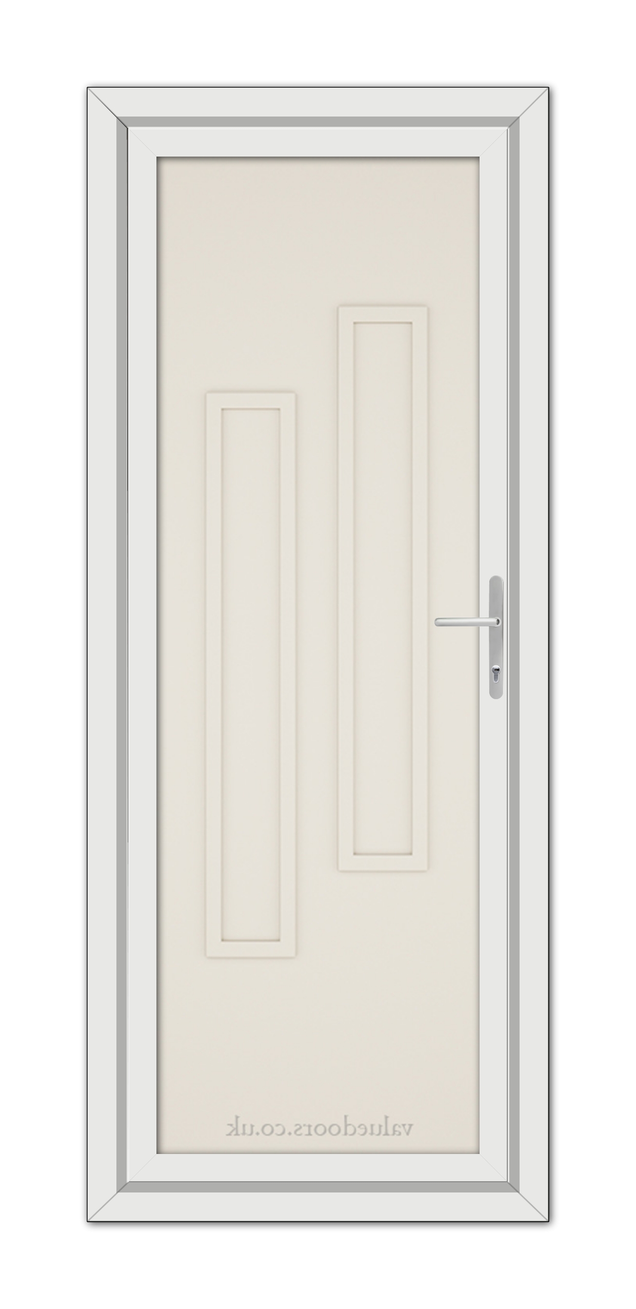 A vertical image of a closed, Cream Modern 5082 Solid uPVC Door with two rectangular panels and a metallic handle, set within a grey door frame.
