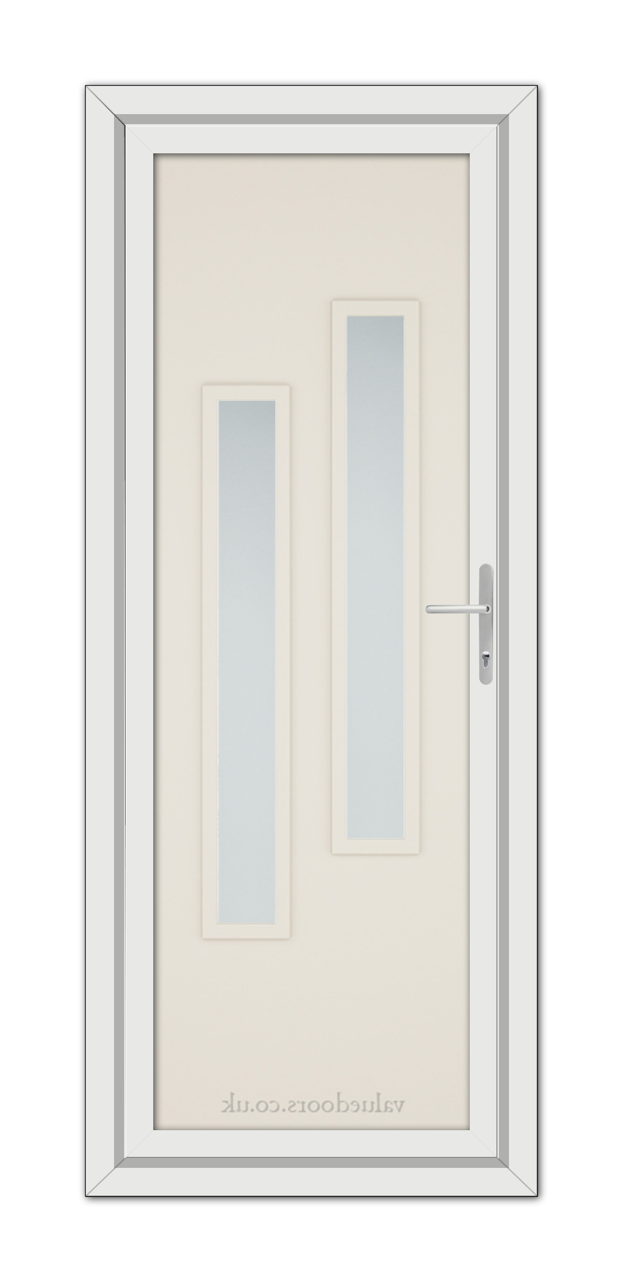 A Cream Modern 5082 uPVC door with a vertical handle and two narrow frosted glass panels, isolated on a white background.
