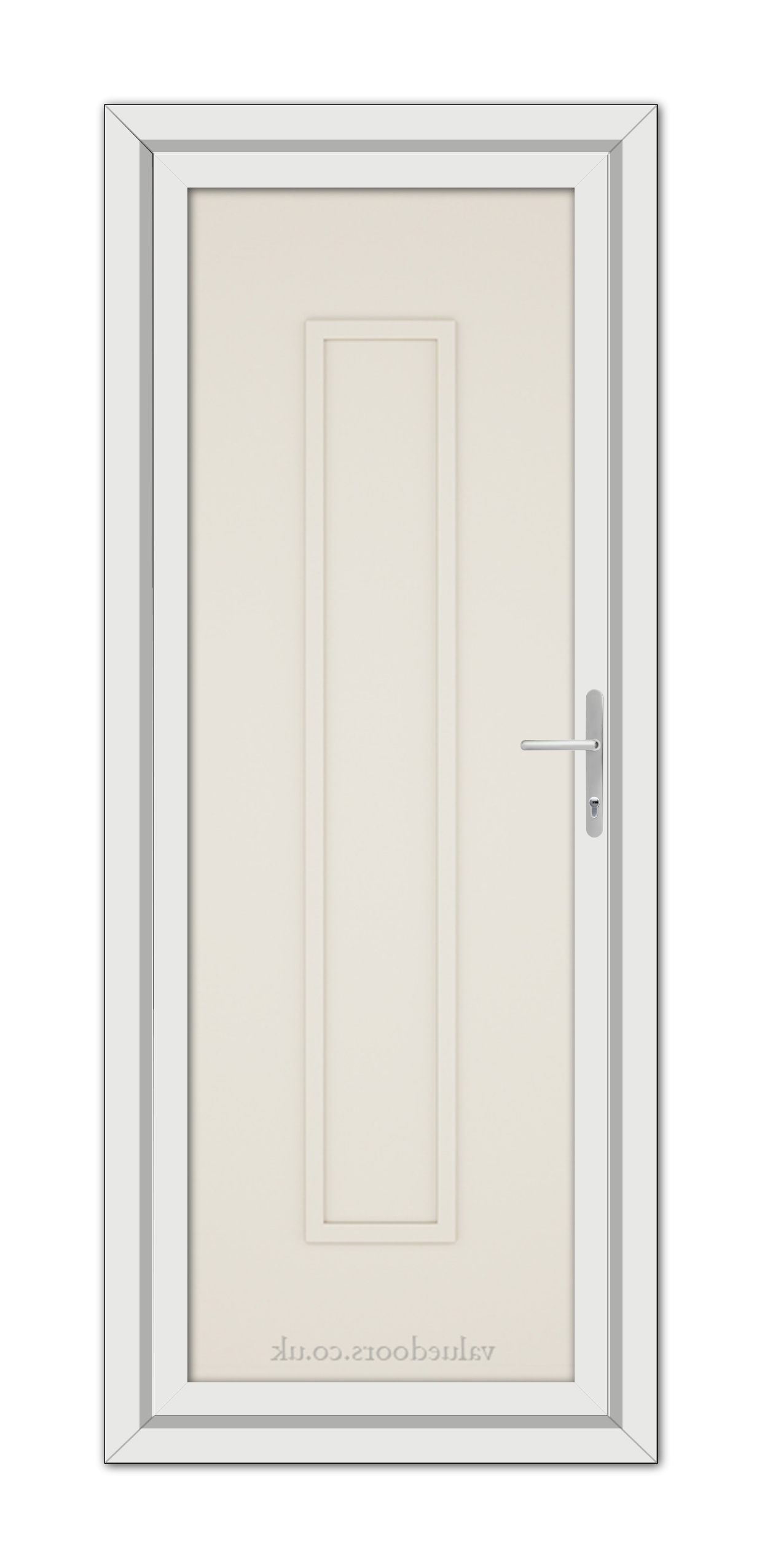 A vertical image of a closed, Cream Modern 5101 Solid uPVC Door with a silver handle, set within a white door frame. the door features a subtle rectangular design.
