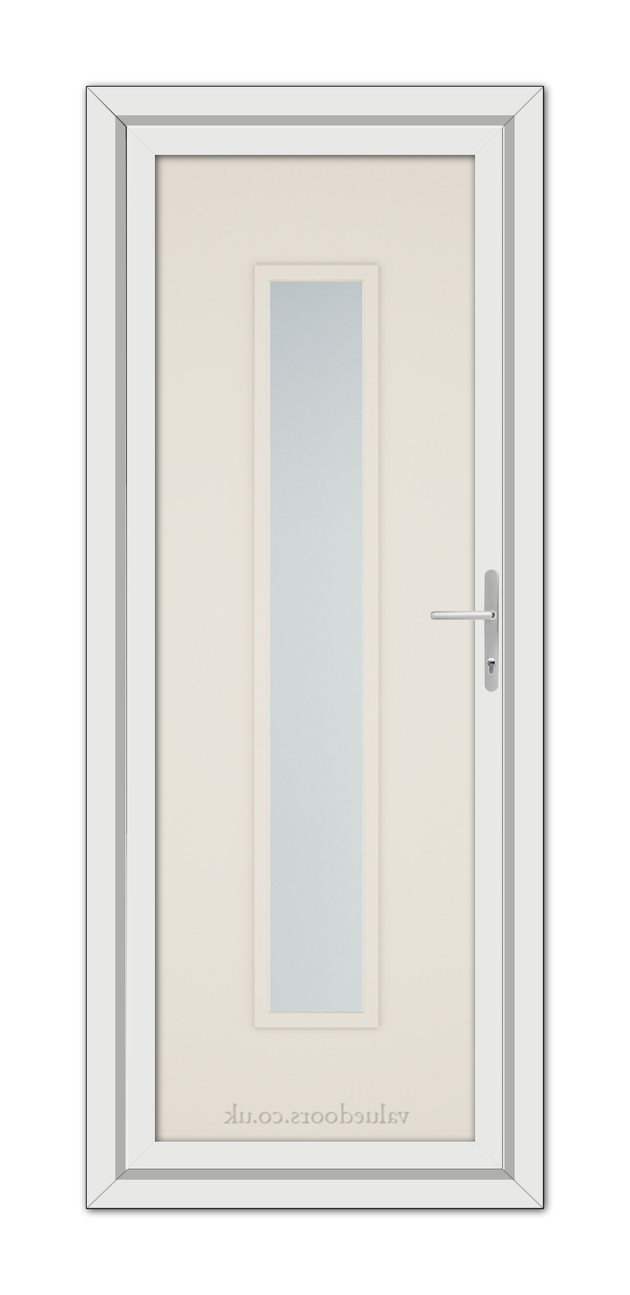 A cream modern 5101 uPVC door with a vertical frosted glass panel and a metallic handle, set within a grey frame.